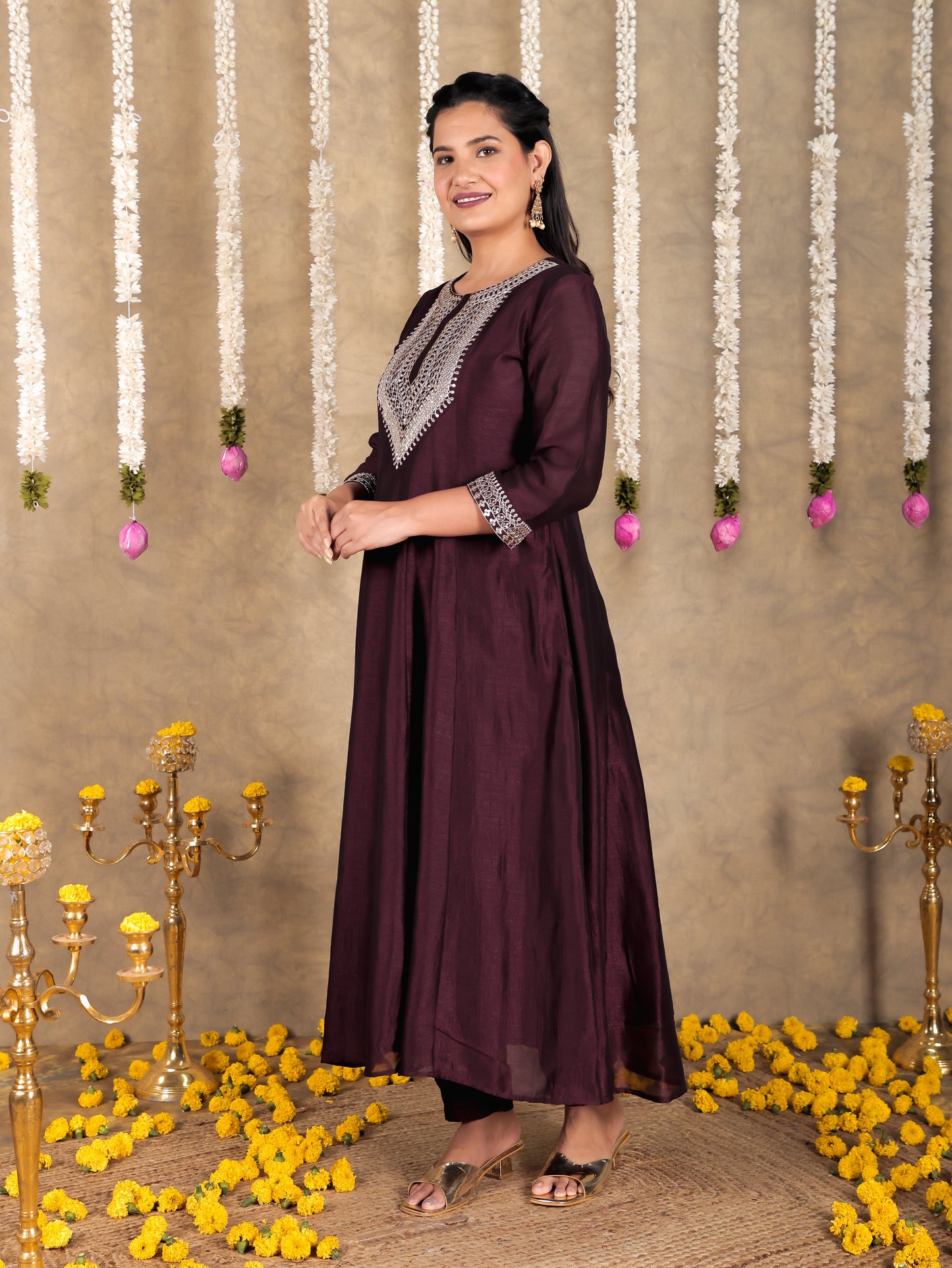 Embroidered Tissue chanderi Solid Anarkali Wine Kurta