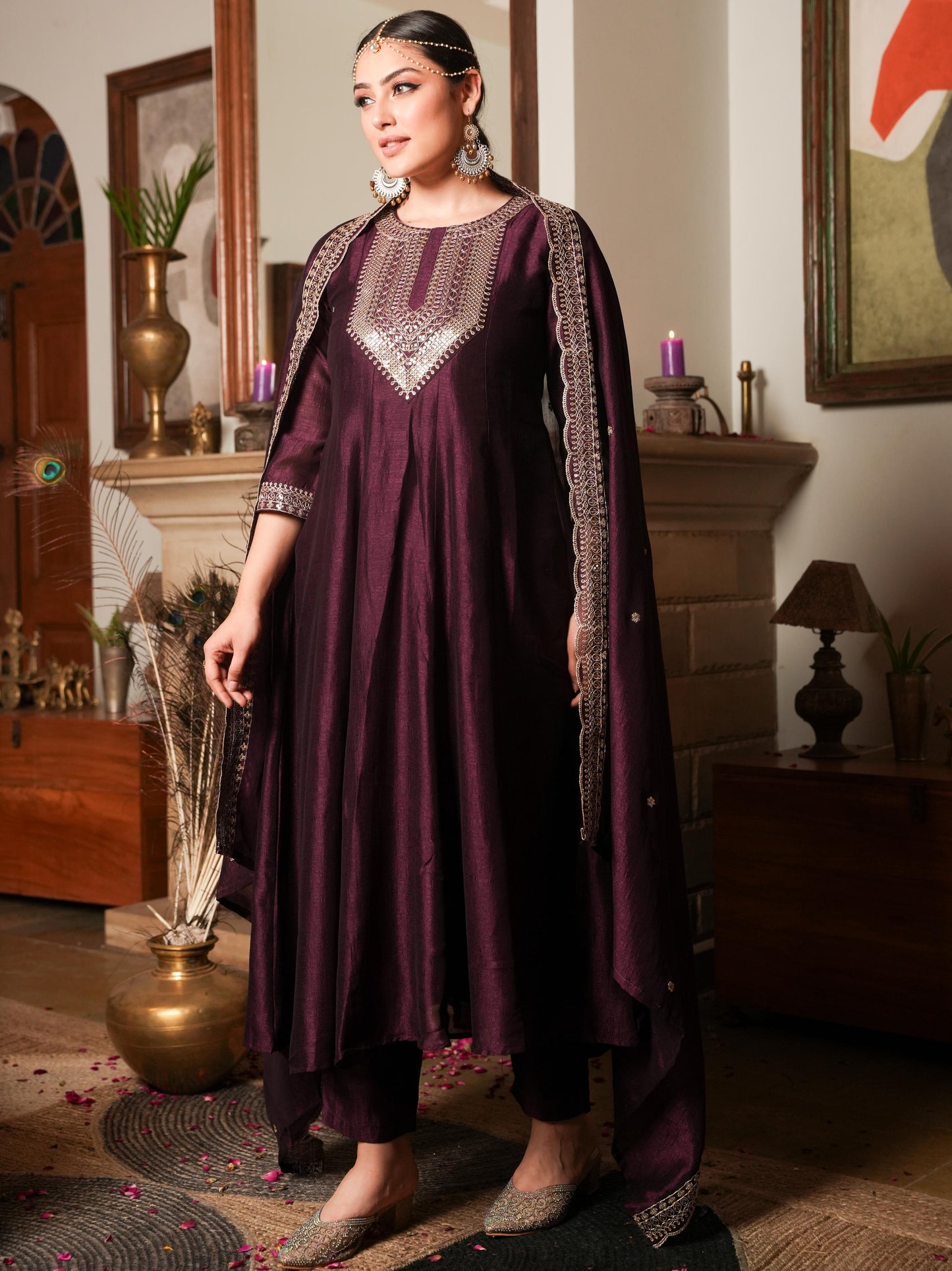 Embroidered Chanderi chanderi Solid Anarkali Wine Kurta