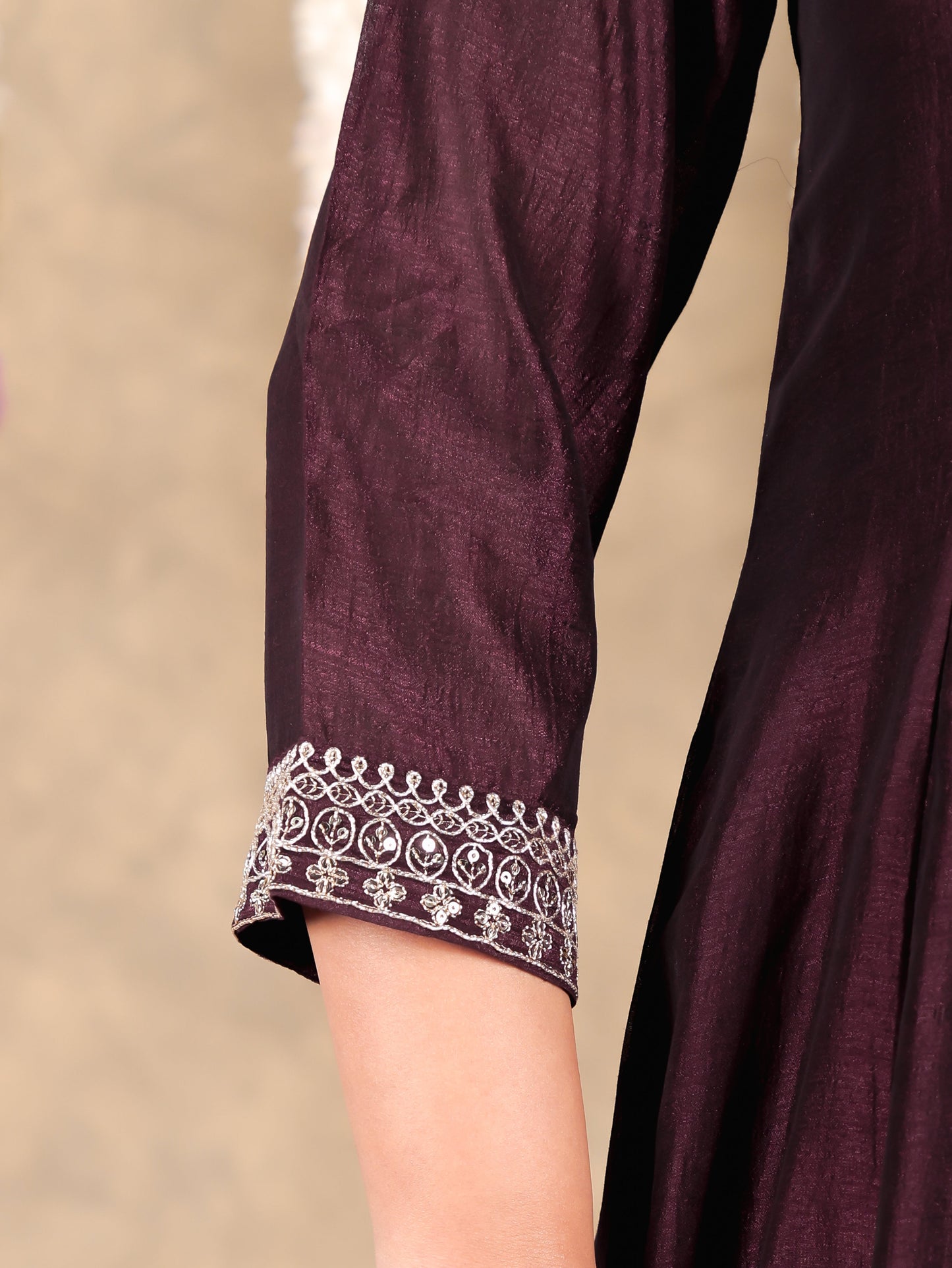 Embroidered Tissue chanderi Solid Anarkali Wine Kurta