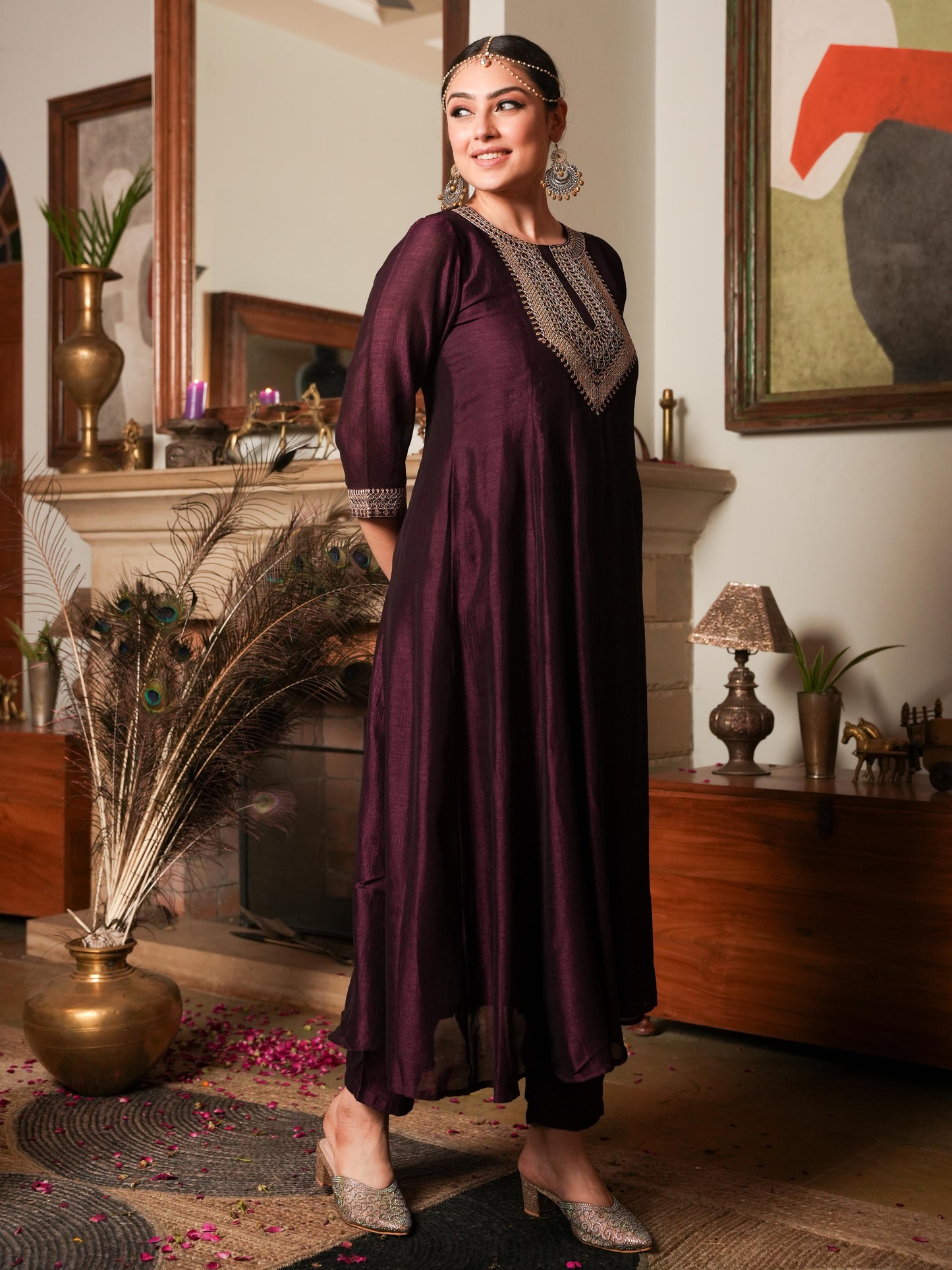 Embroidered Chanderi chanderi Solid Anarkali Wine Kurta