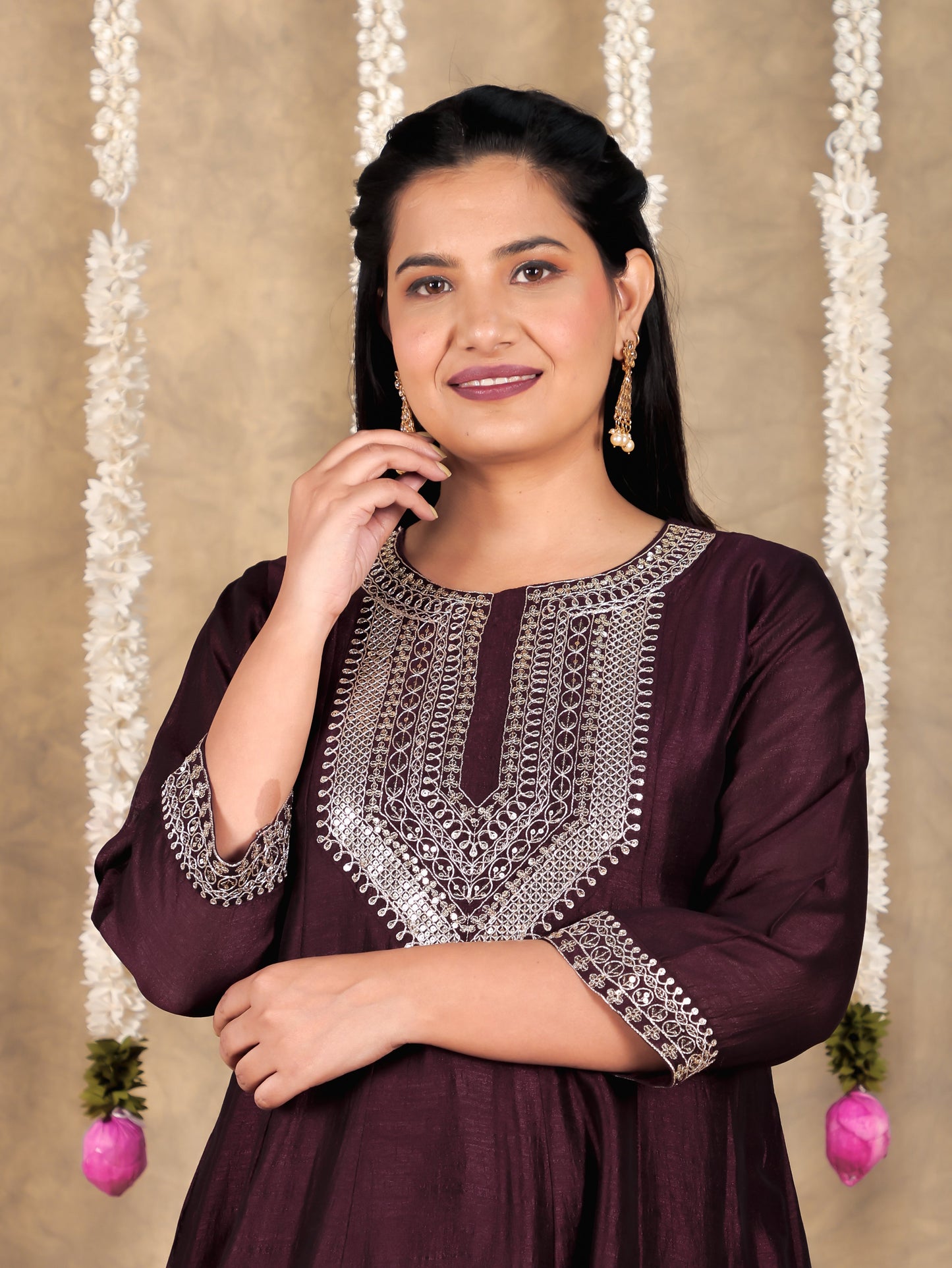 Embroidered Tissue chanderi Solid Anarkali Wine Kurta