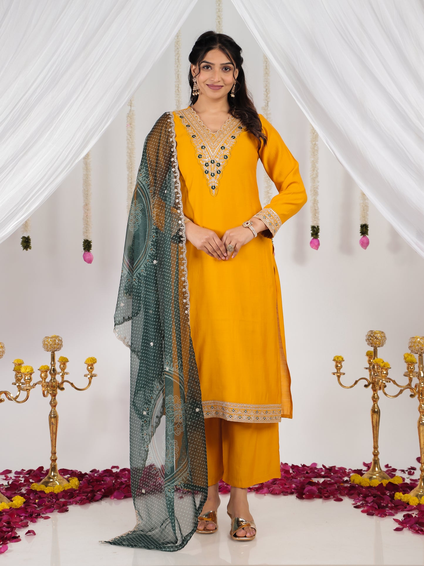 Embroidered Silk Blend Solid Straight Yellow Kurta
