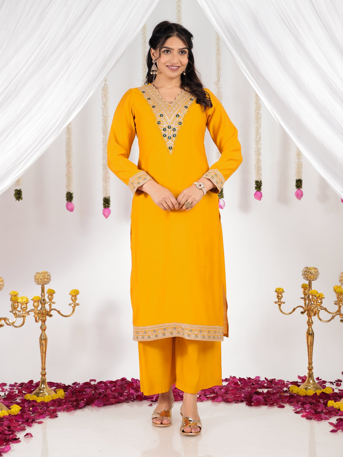 Embroidered Silk Blend Solid Straight Yellow Kurta