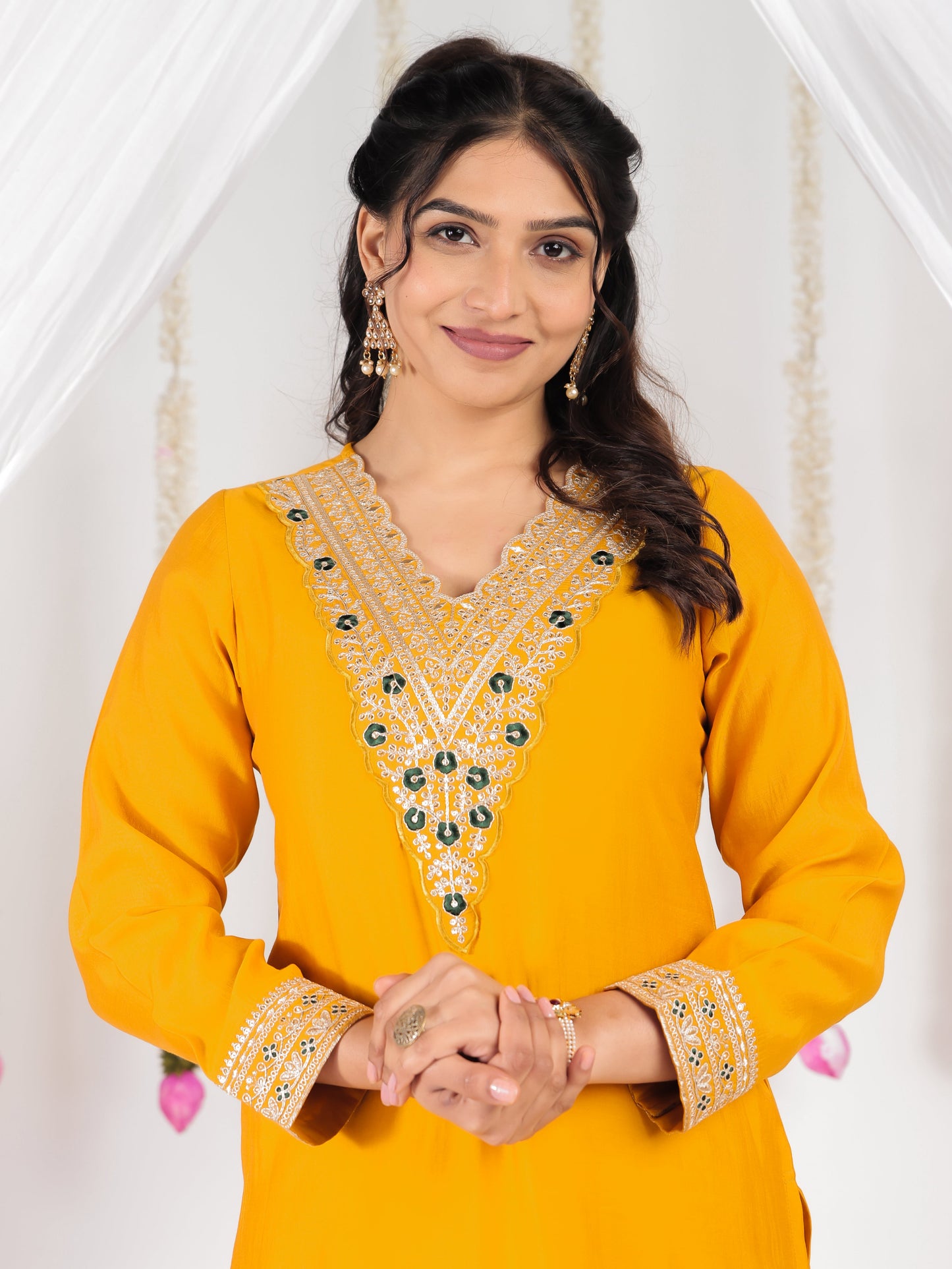 Embroidered Silk Blend Solid Straight Yellow Kurta