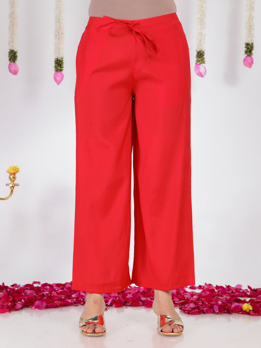 Blended Silk Solid Red Flared Trousers