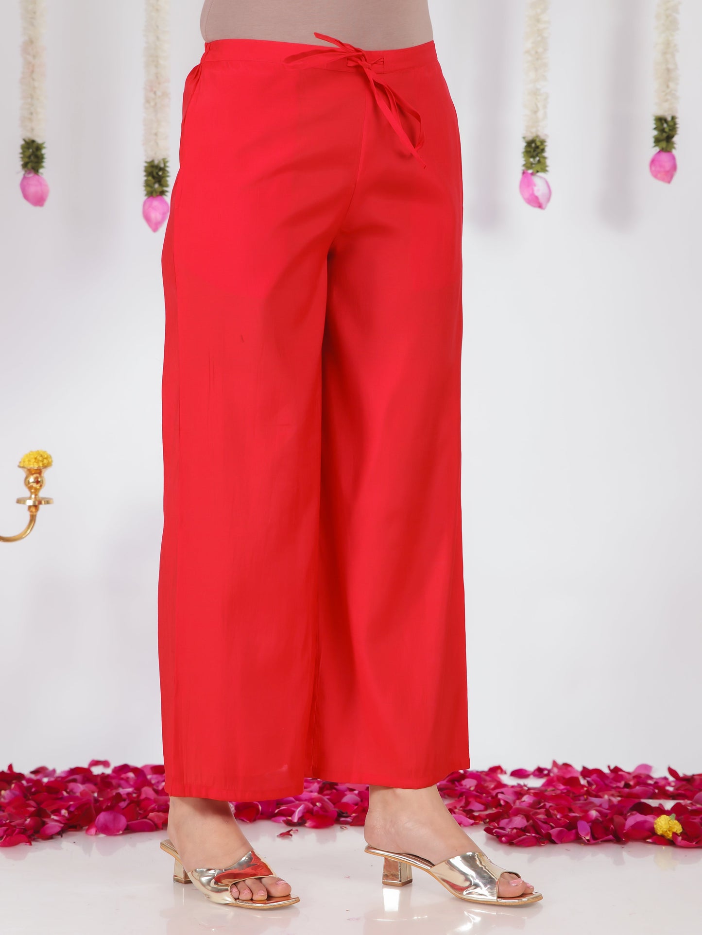 Blended Silk Solid Red Flared Trousers