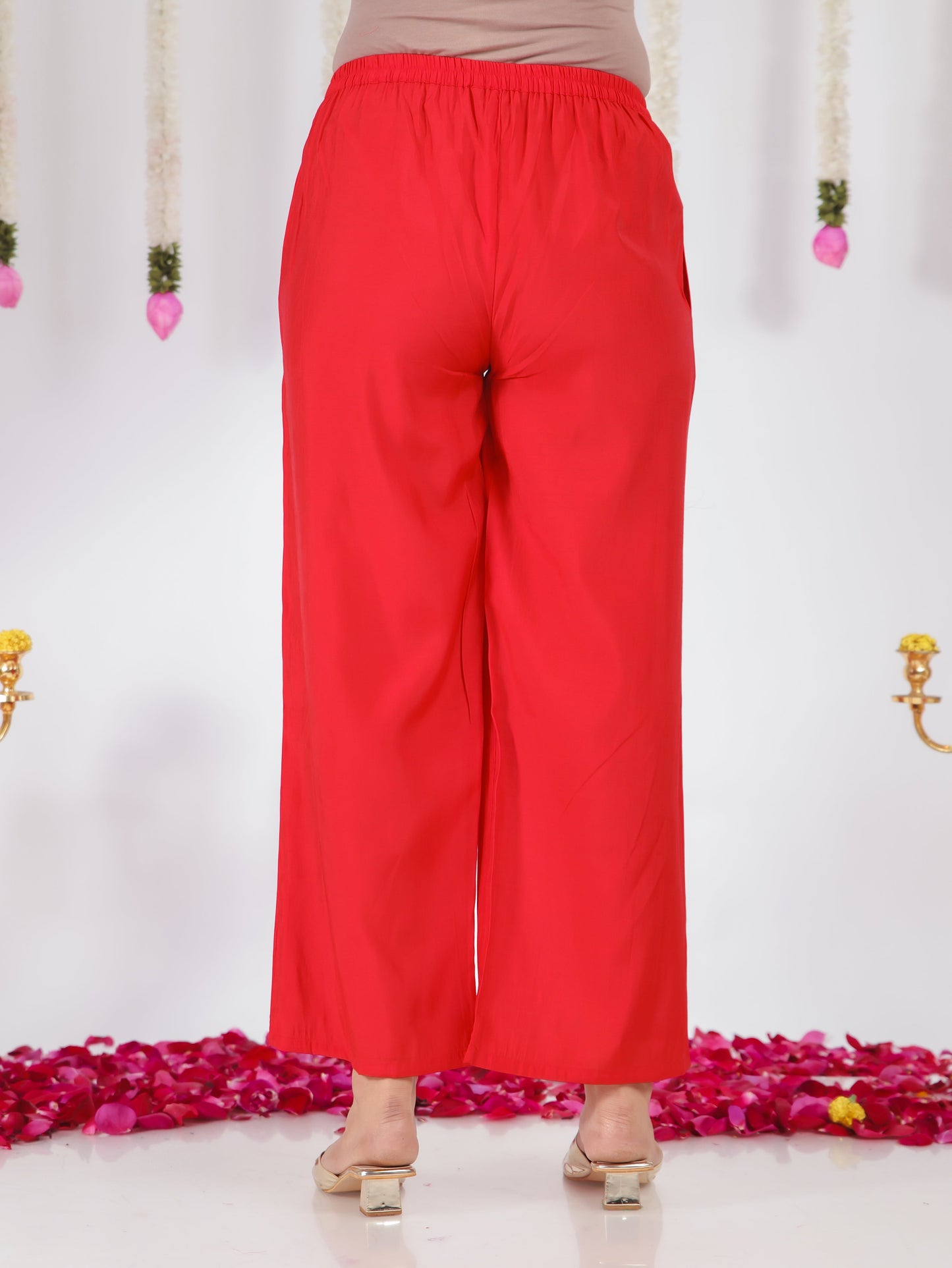 Blended Silk Solid Red Flared Trousers