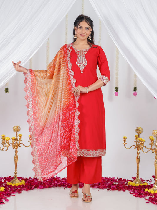 Embroidered Georgette Bandhani Red Dupatta