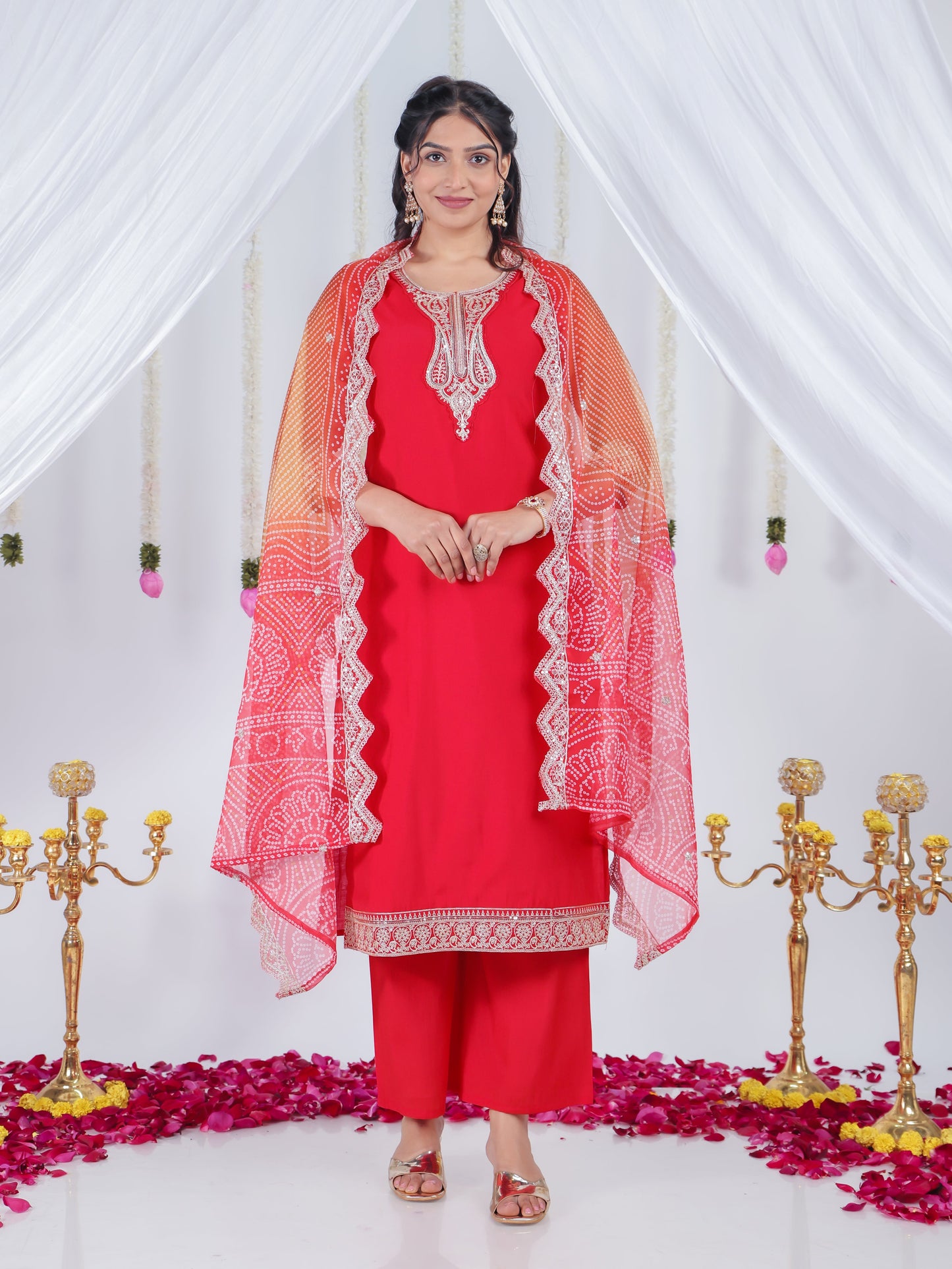 Embroidered Georgette Bandhani Red Dupatta