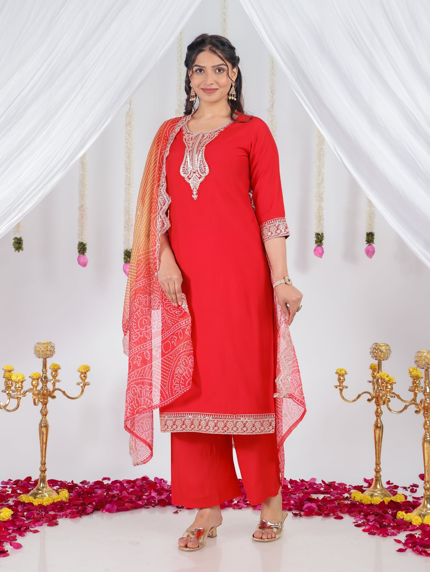 Embroidered Georgette Bandhani Red Dupatta