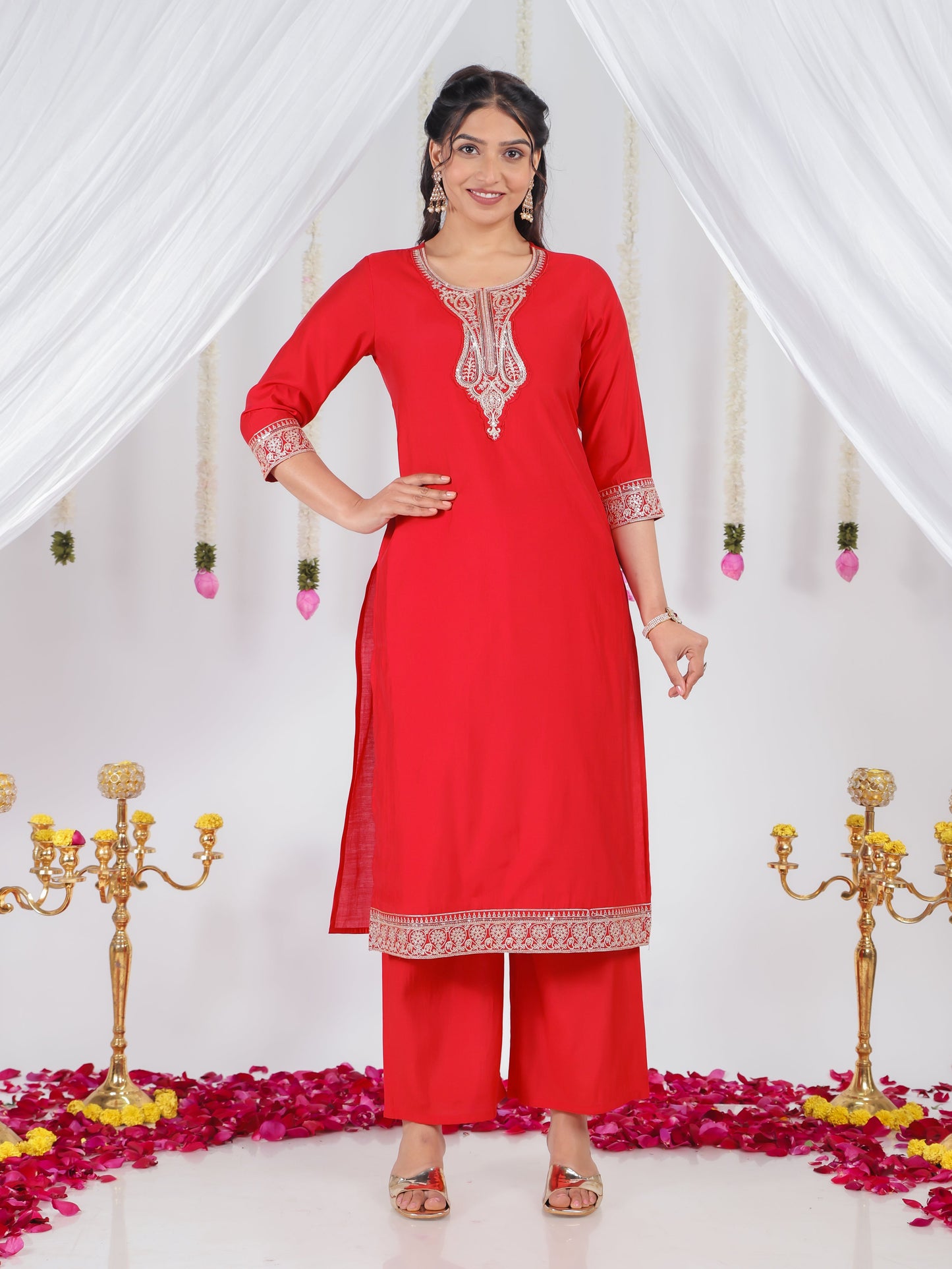 Embroidered Muslin Solid Straight Red Kurta