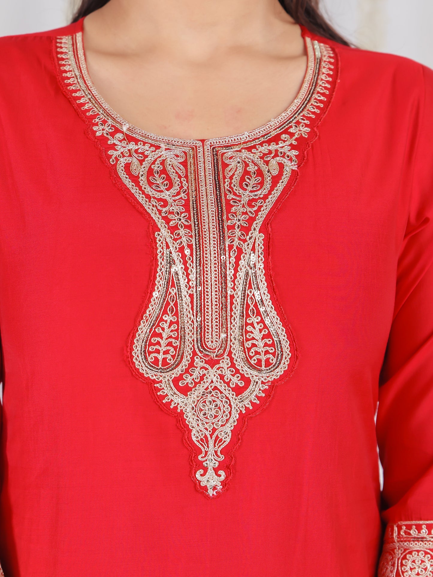 Embroidered Muslin Solid Straight Red Kurta