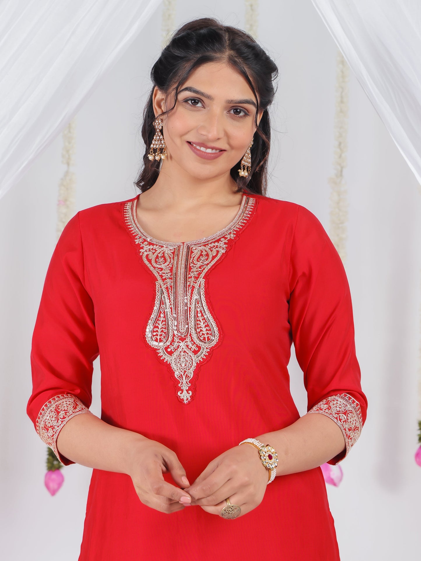 Embroidered Muslin Solid Straight Red Kurta
