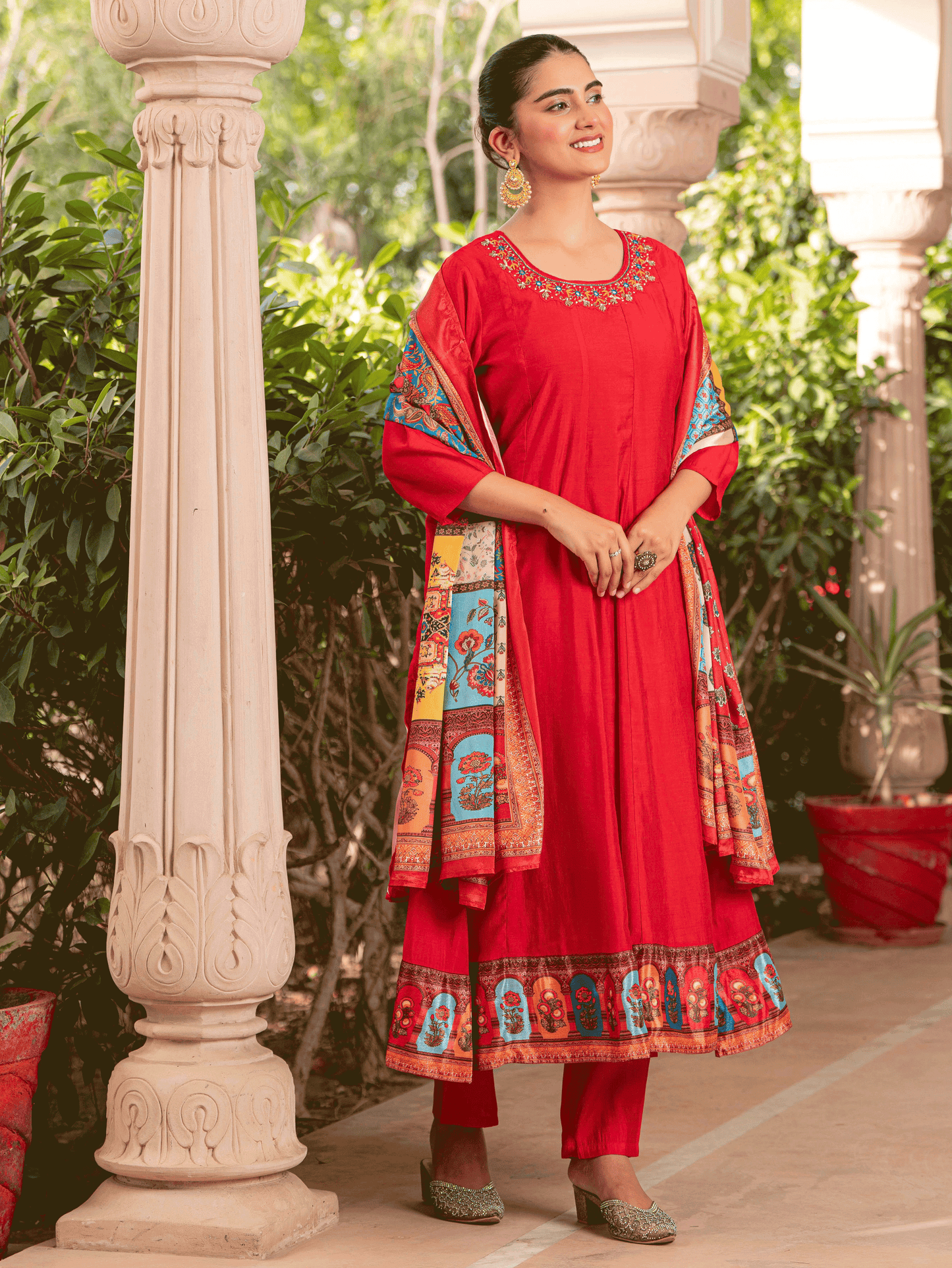 Embroidered Blended Silk Solid Anarkali Red Kurta