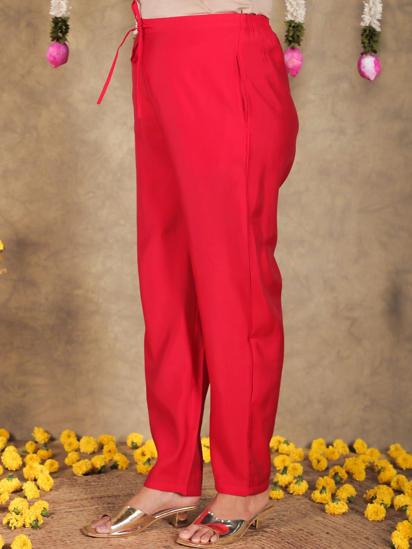 Embroidered Blended Silk Solid Anarkali Red Kurta
