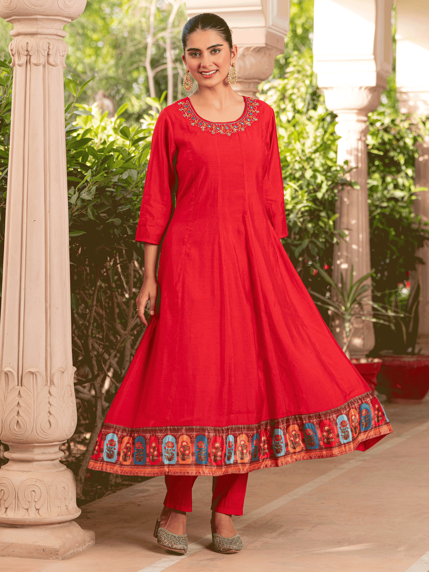 Embroidered Blended Silk Solid Anarkali Red Kurta