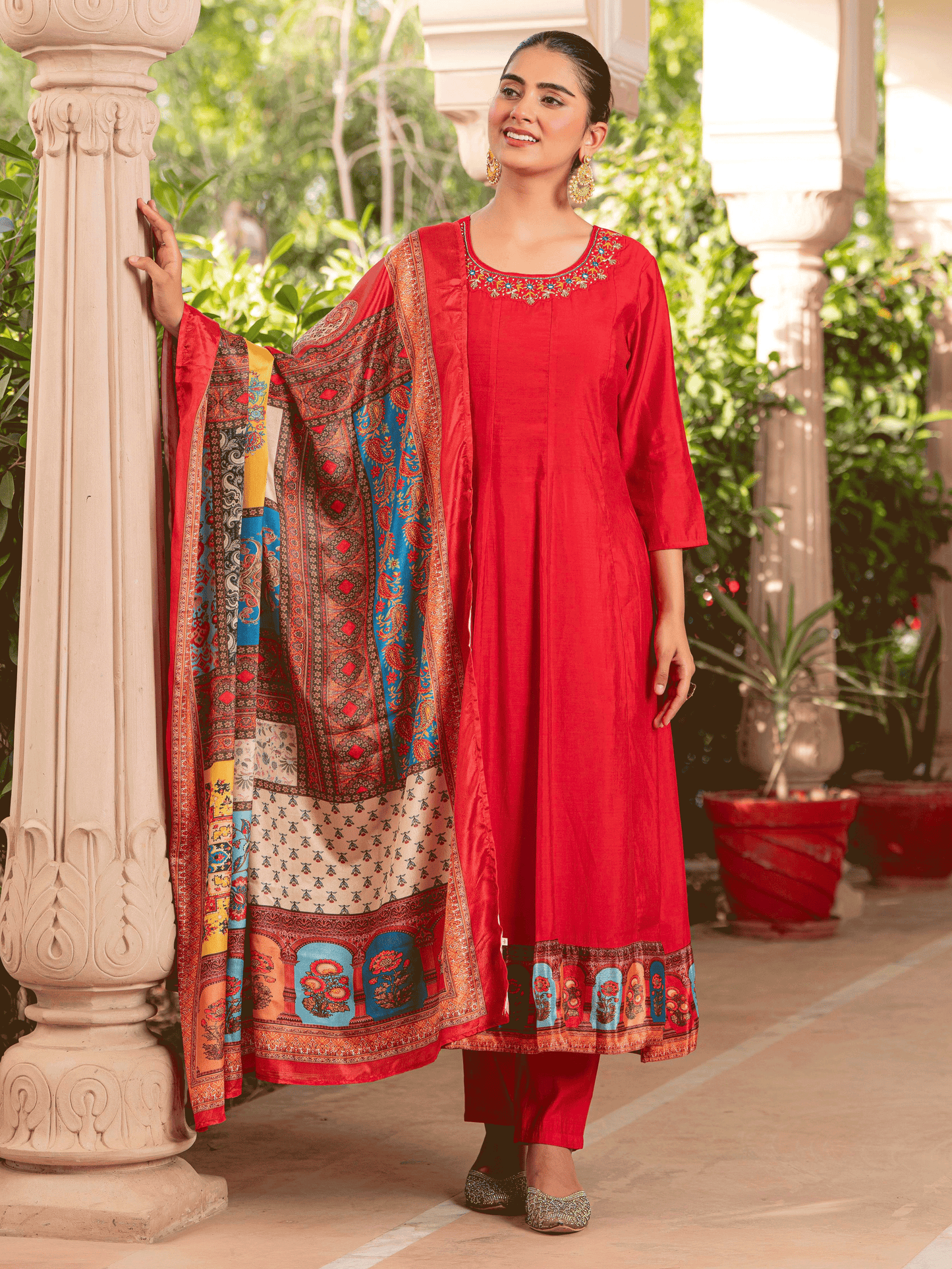 Embroidered Blended Silk Solid Anarkali Red Kurta
