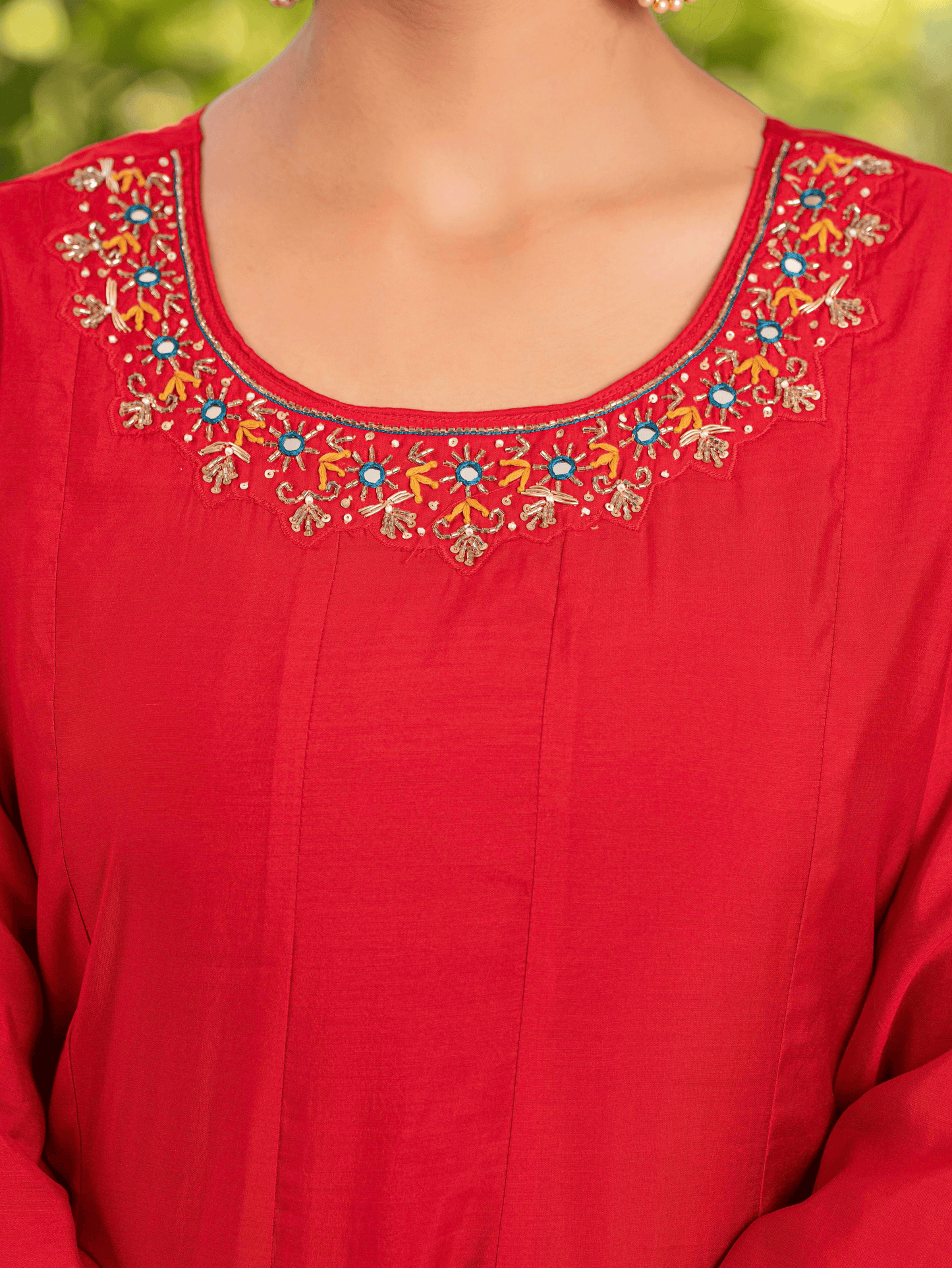 Embroidered Blended Silk Solid Anarkali Red Kurta