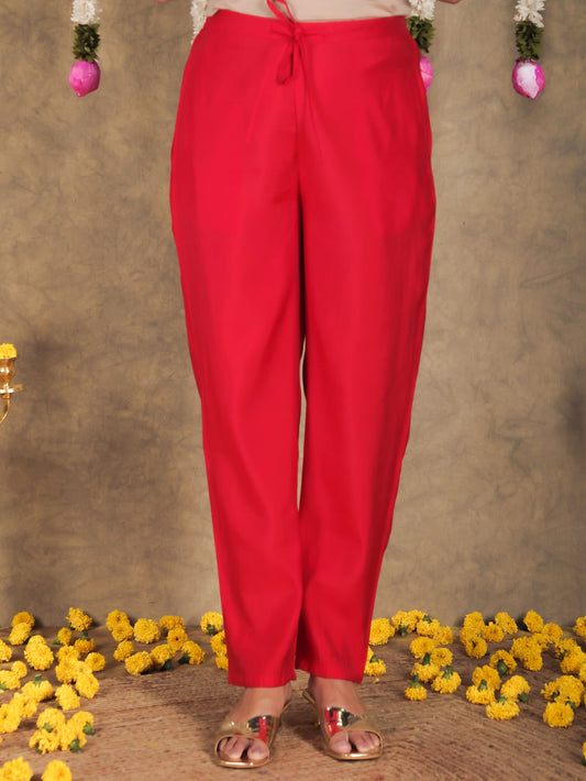 Blended Silk Solid Red Tapered Trousers