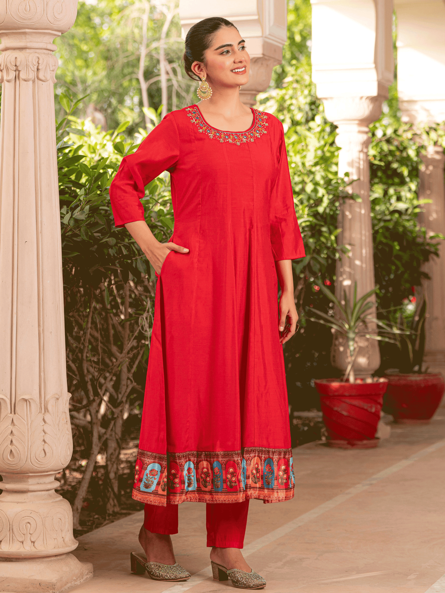 Embroidered Blended Silk Solid Anarkali Red Kurta