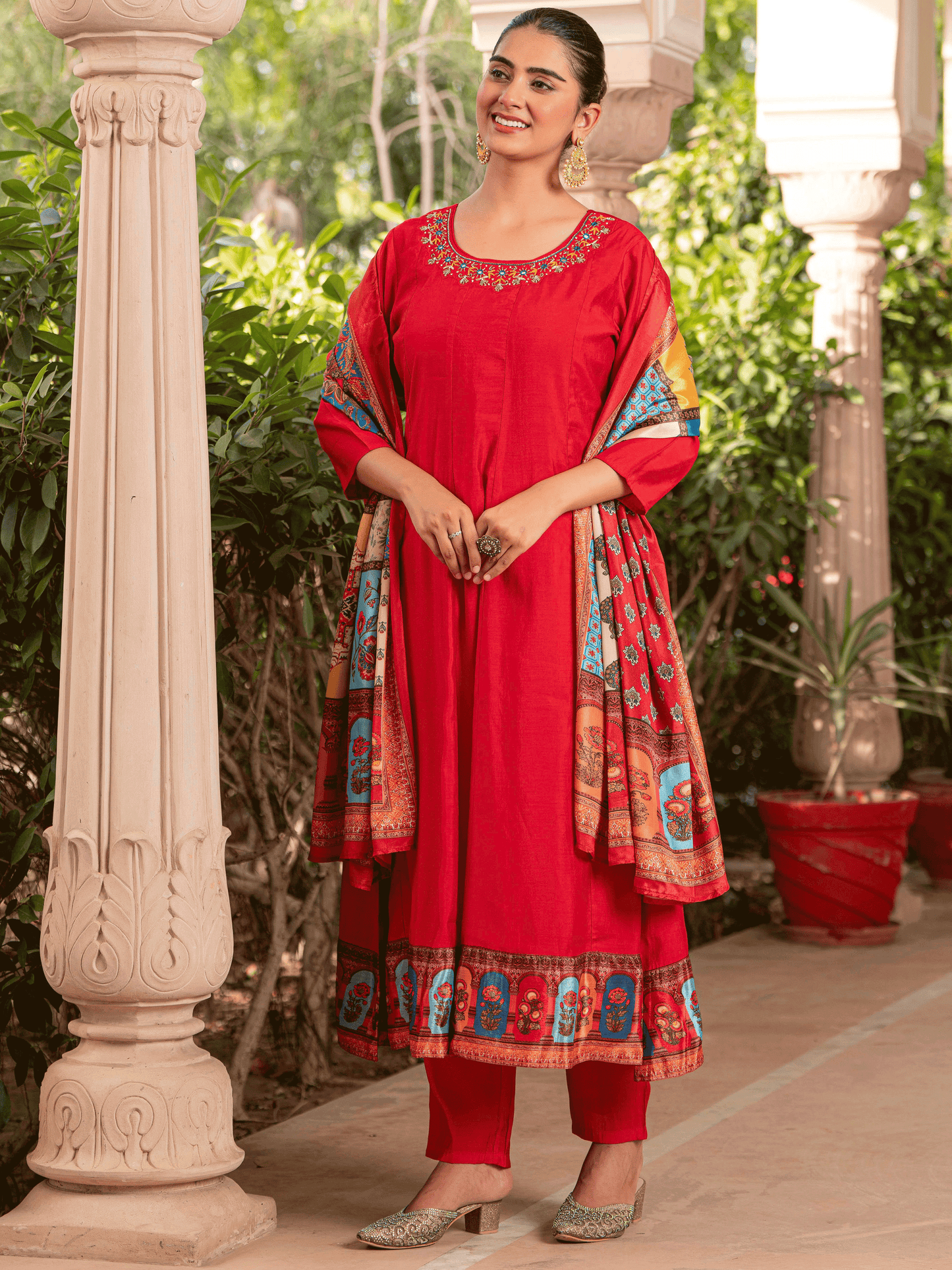 Embroidered Blended Silk Solid Anarkali Red Kurta