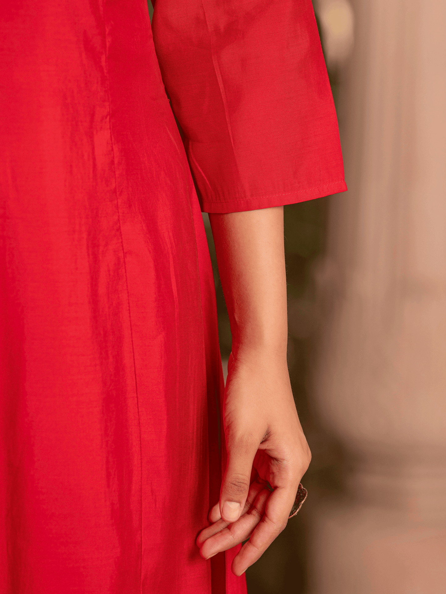 Embroidered Blended Silk Solid Anarkali Red Kurta