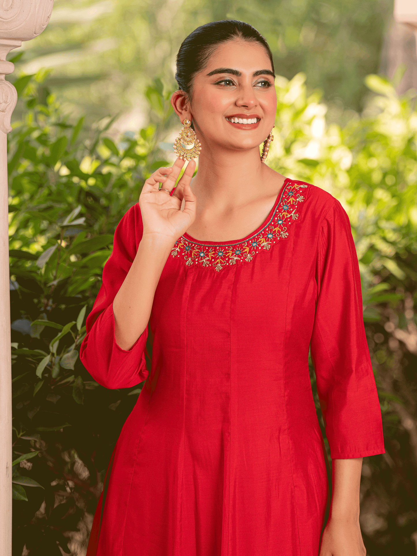 Embroidered Blended Silk Solid Anarkali Red Kurta