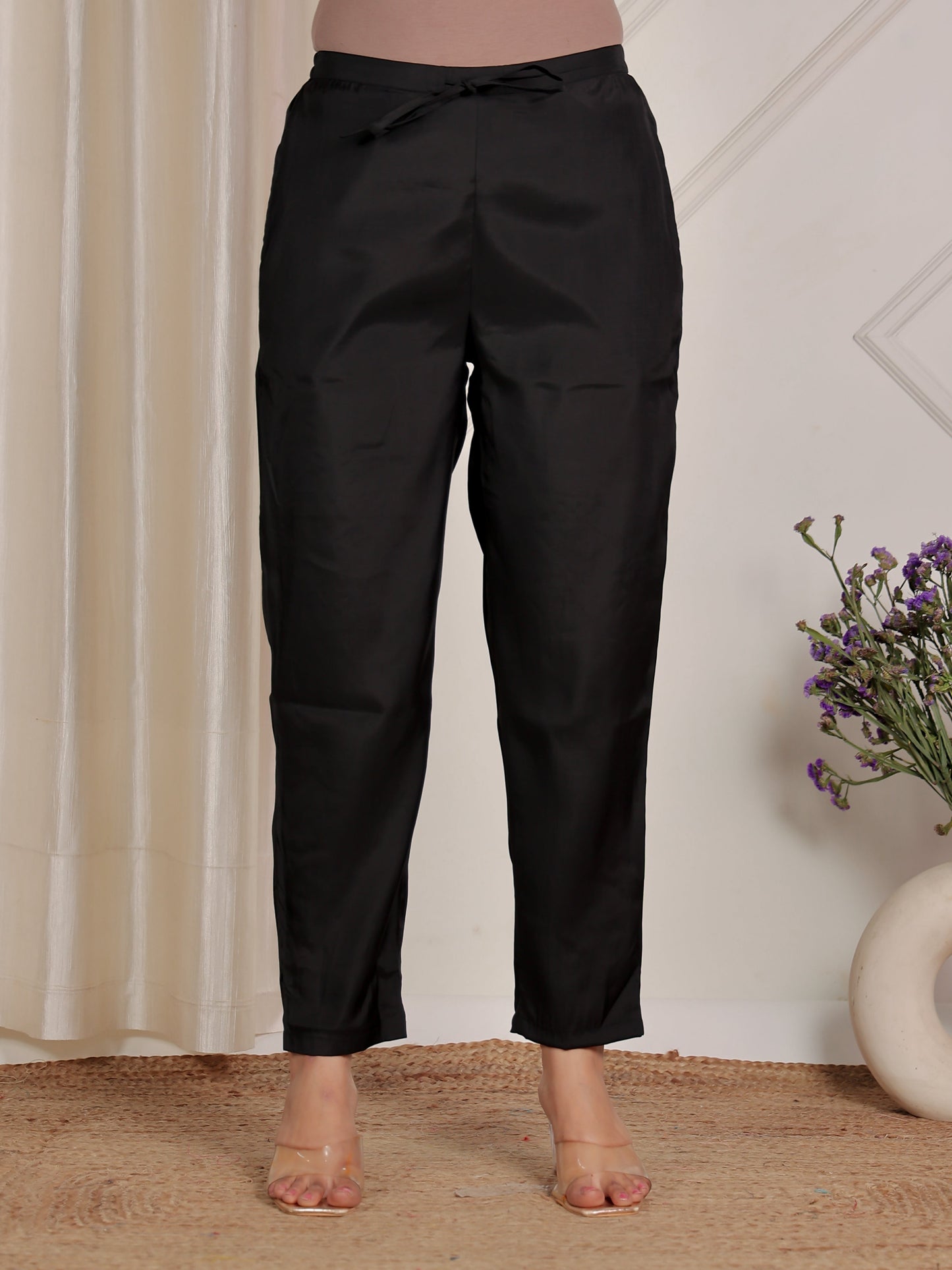 Muslin Solid Black Tapered Trousers