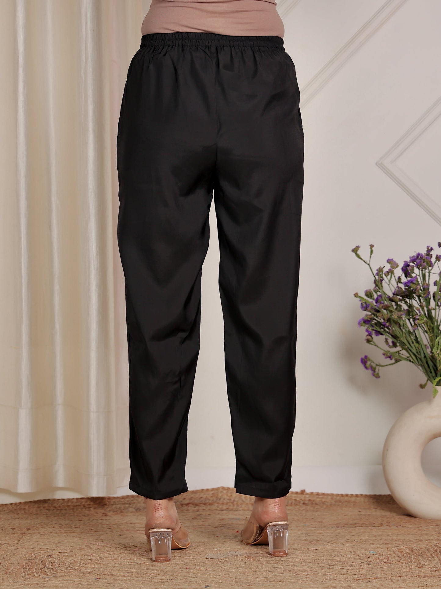 Muslin Solid Black Tapered Trousers