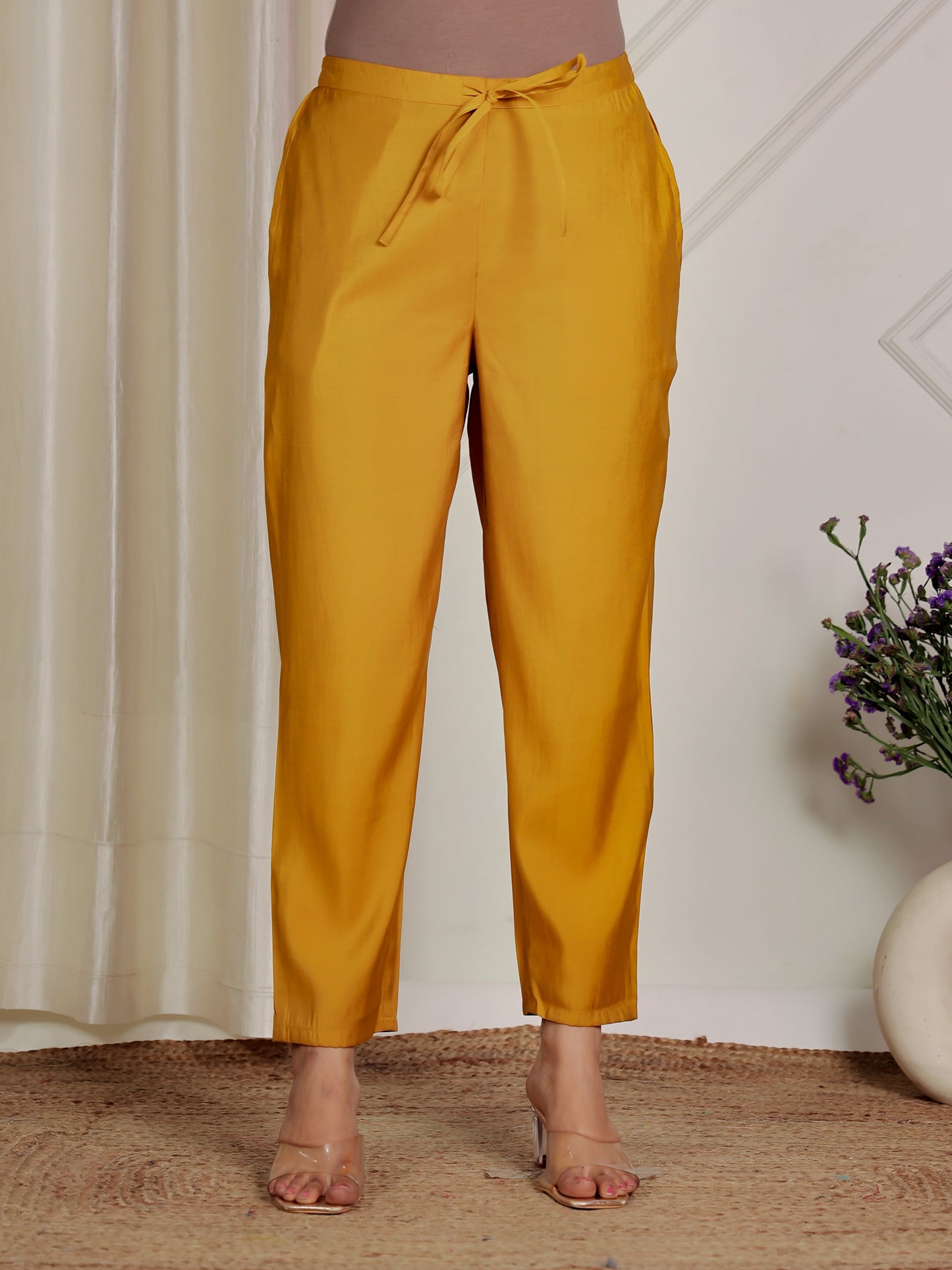 Muslin Solid Yellow Flared Trousers