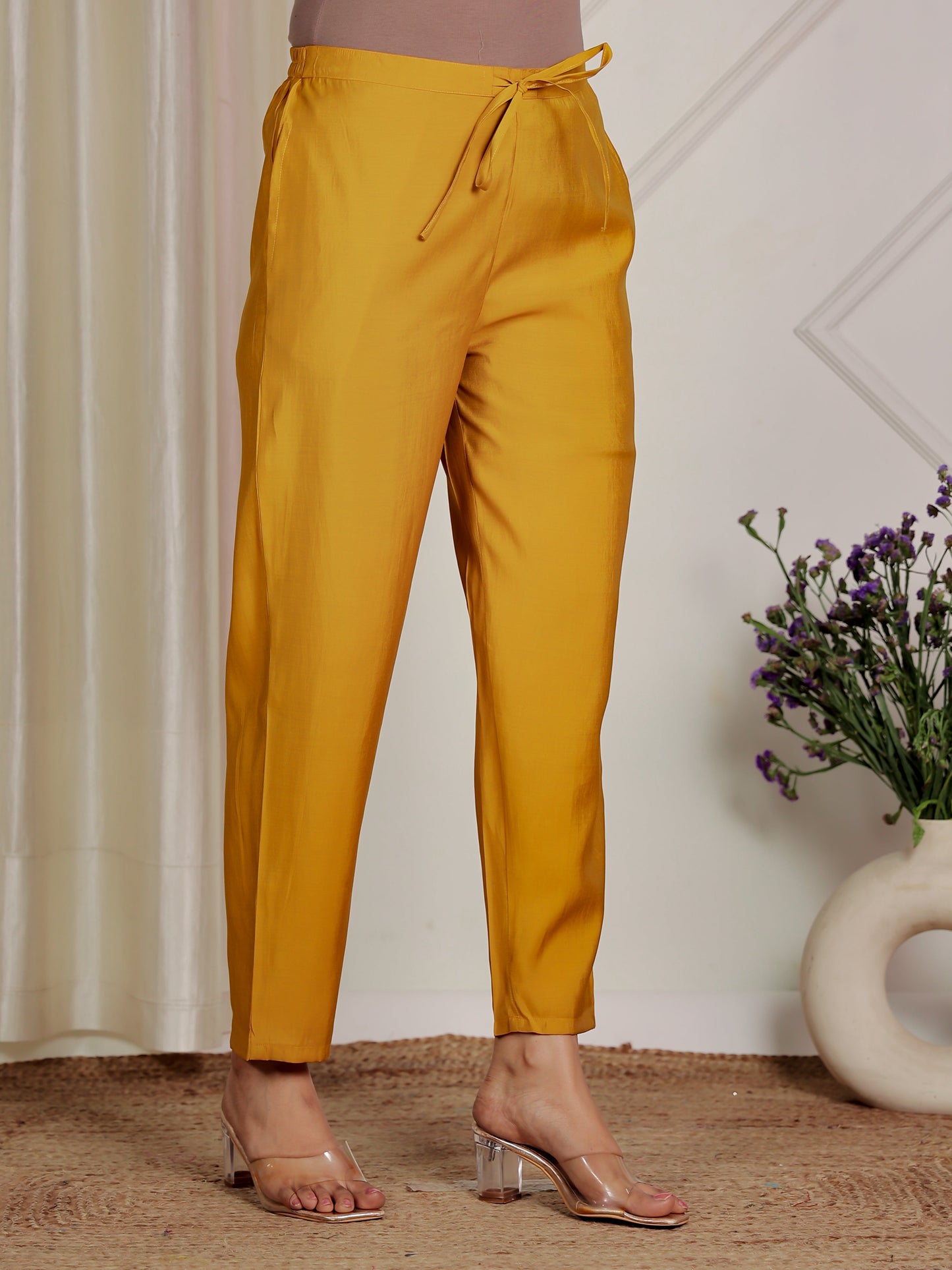 Muslin Solid Yellow Flared Trousers