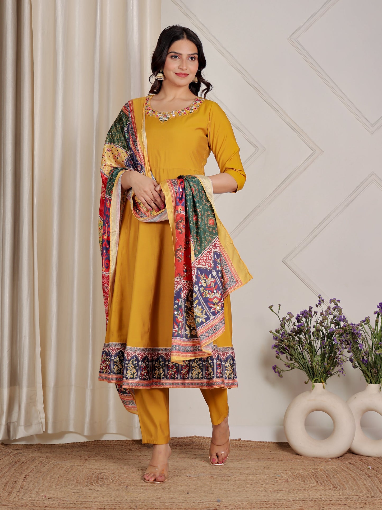 Embroidered Muslin Solid Flared Yellow Kurta