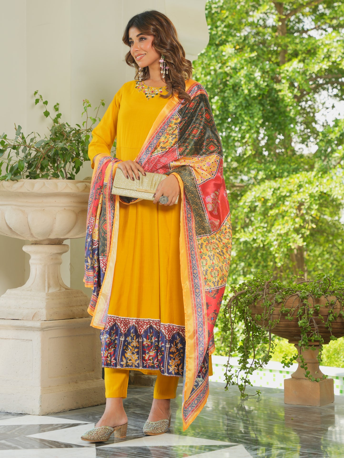 Embroidered Blended Silk Solid Flared Yellow Kurta