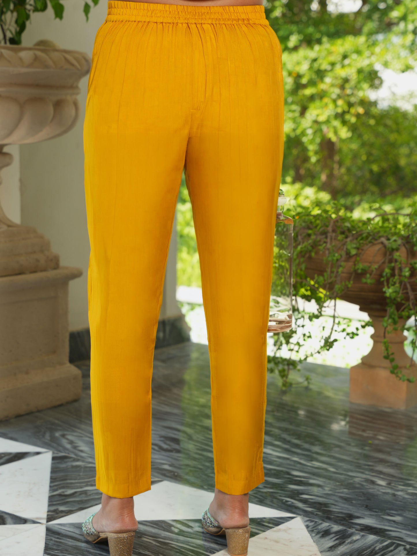 Embroidered Blended Silk Solid Flared Yellow Kurta