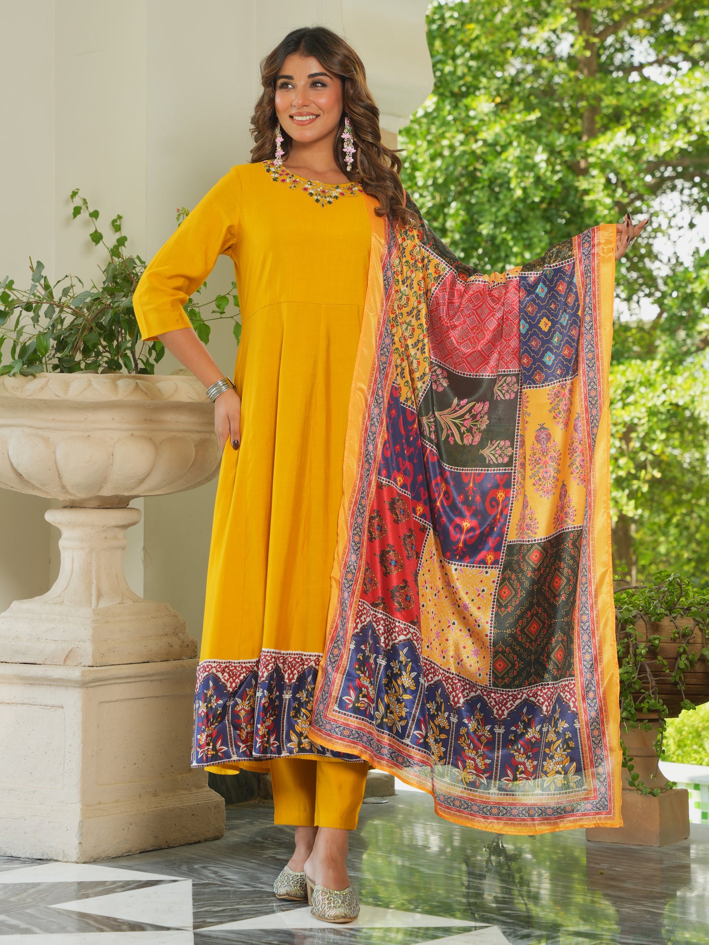 Embroidered Blended Silk Solid Flared Yellow Kurta