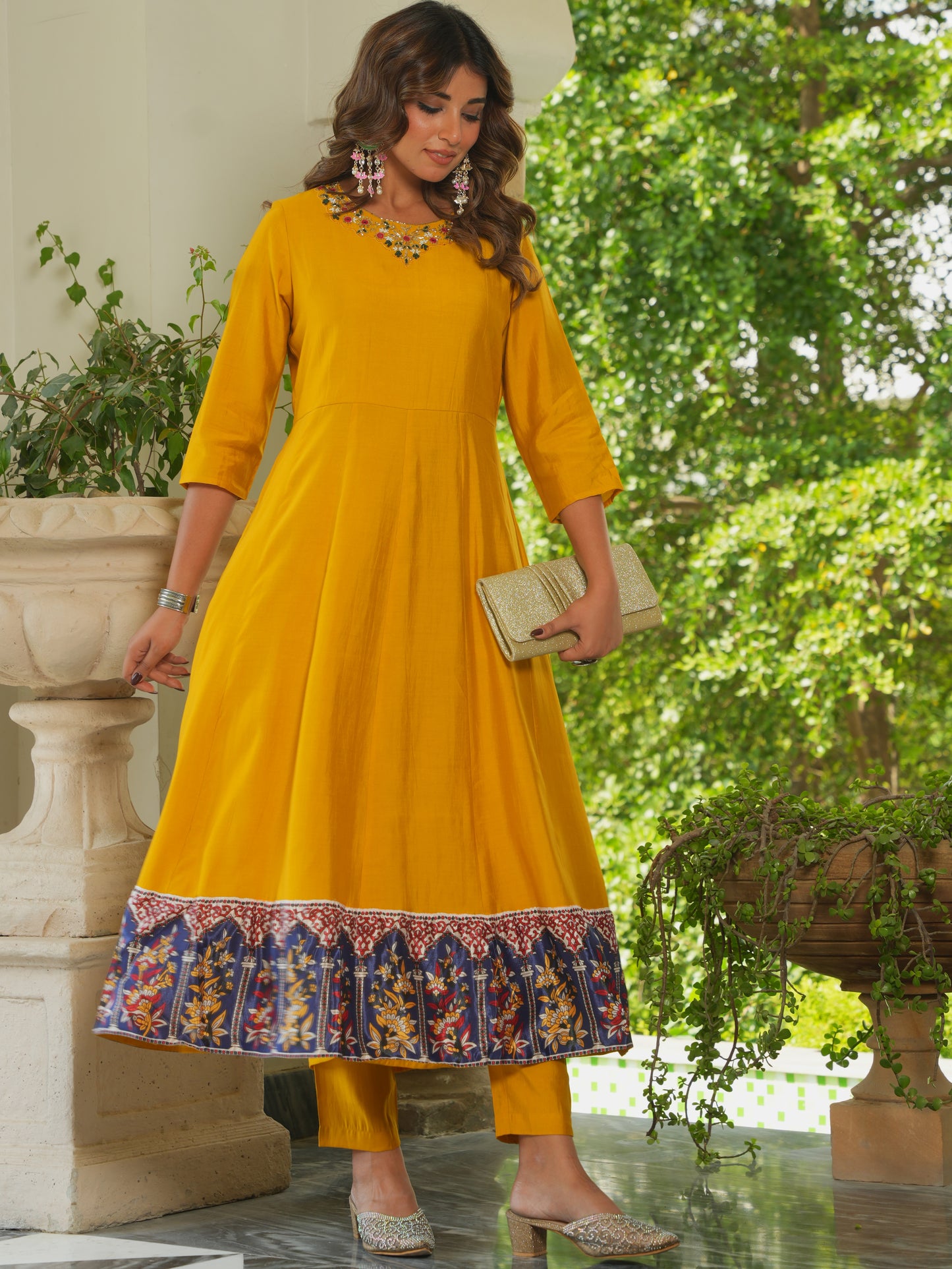 Embroidered Blended Silk Solid Flared Yellow Kurta