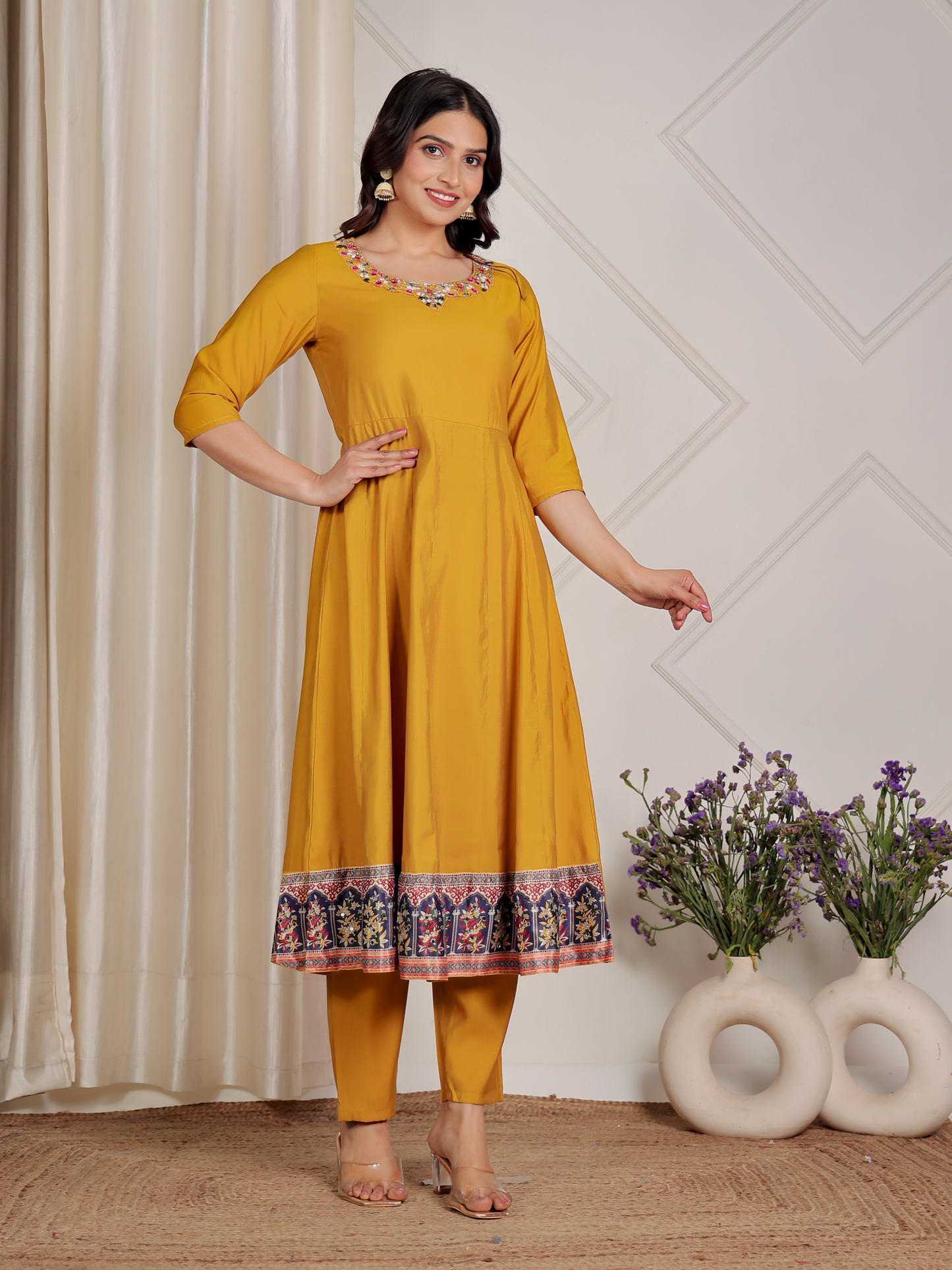 Embroidered Muslin Solid Flared Yellow Kurta