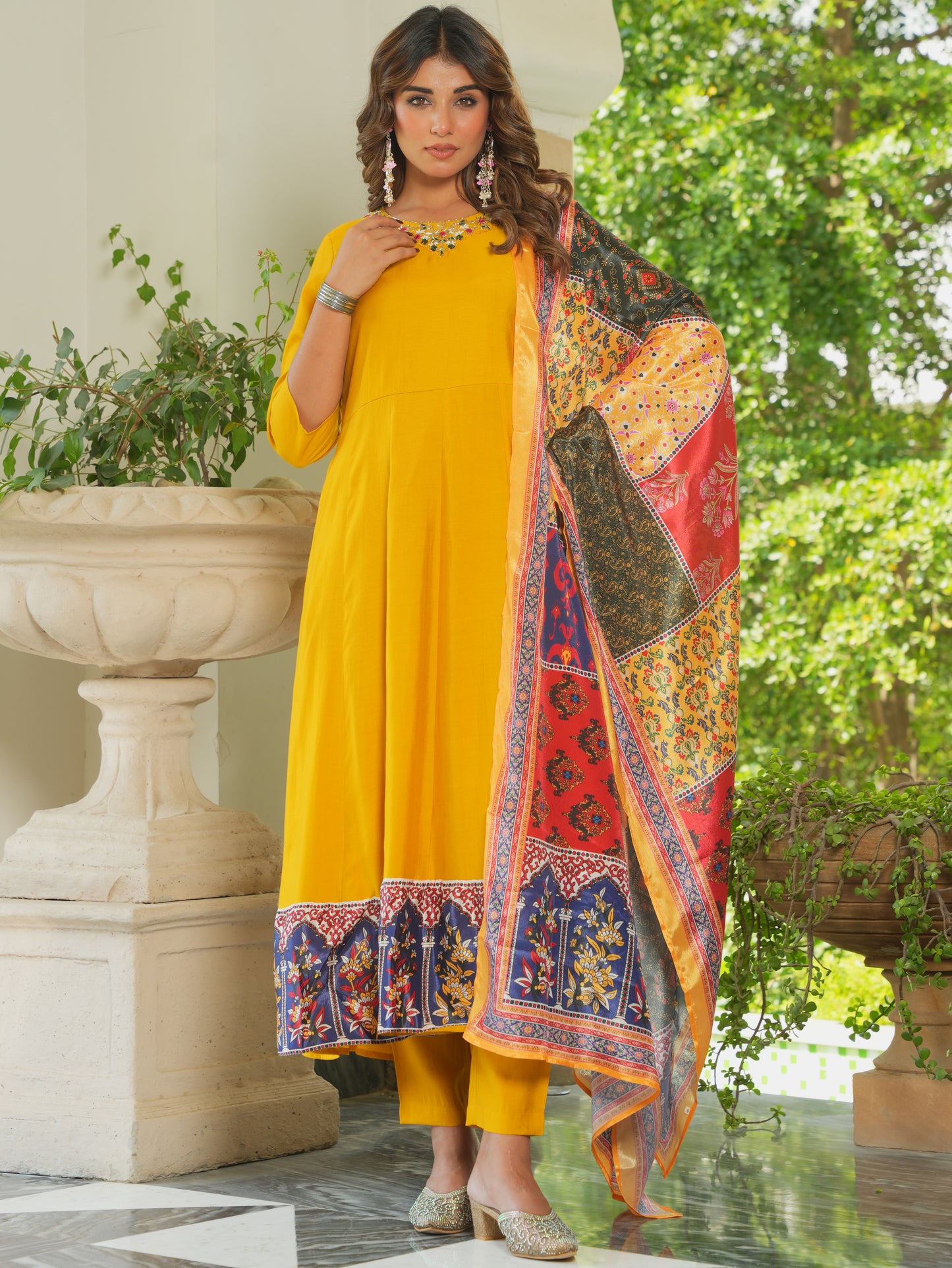 Embroidered Blended Silk Solid Flared Yellow Kurta