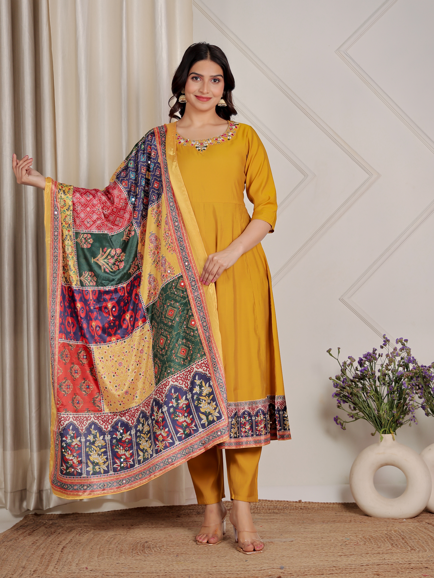 Embroidered Muslin Solid Flared Yellow Kurta