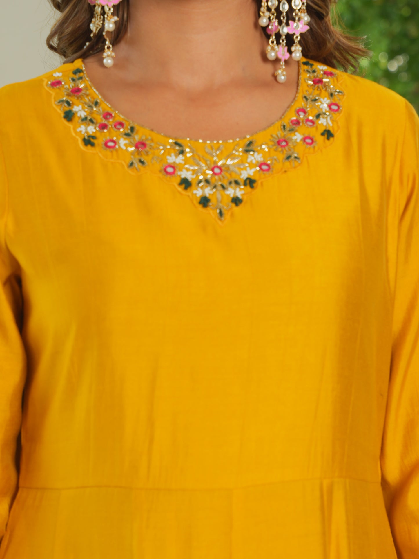 Embroidered Blended Silk Solid Flared Yellow Kurta