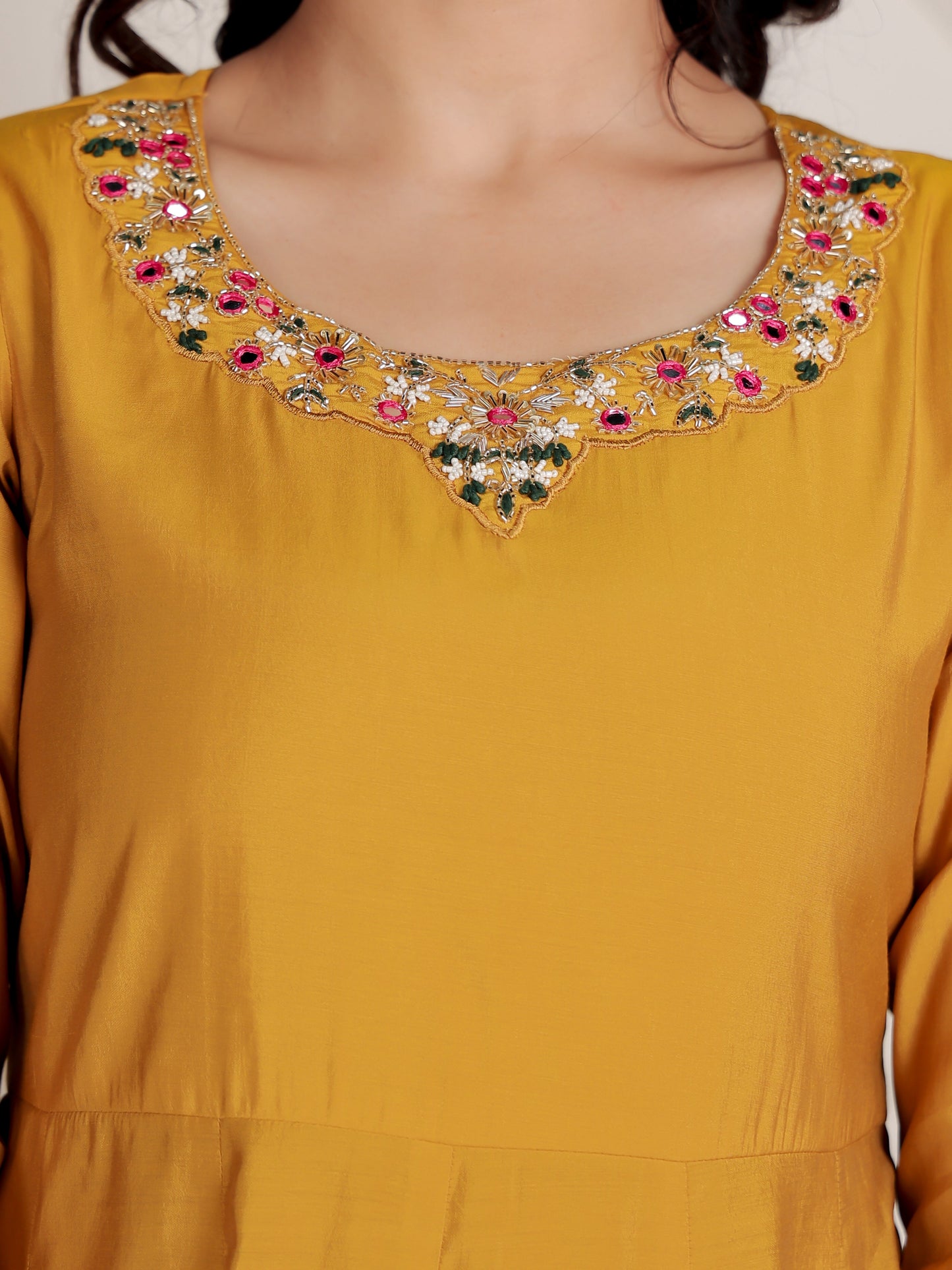 Embroidered Muslin Solid Flared Yellow Kurta