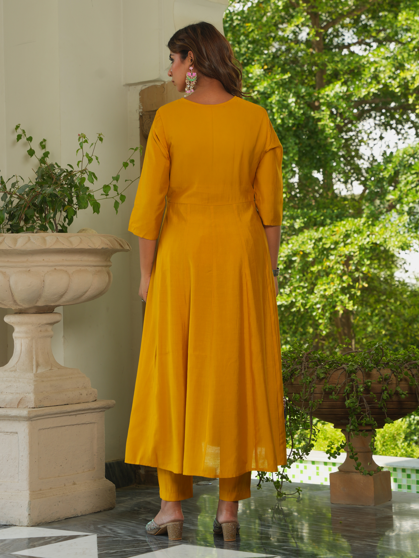 Embroidered Blended Silk Solid Flared Yellow Kurta