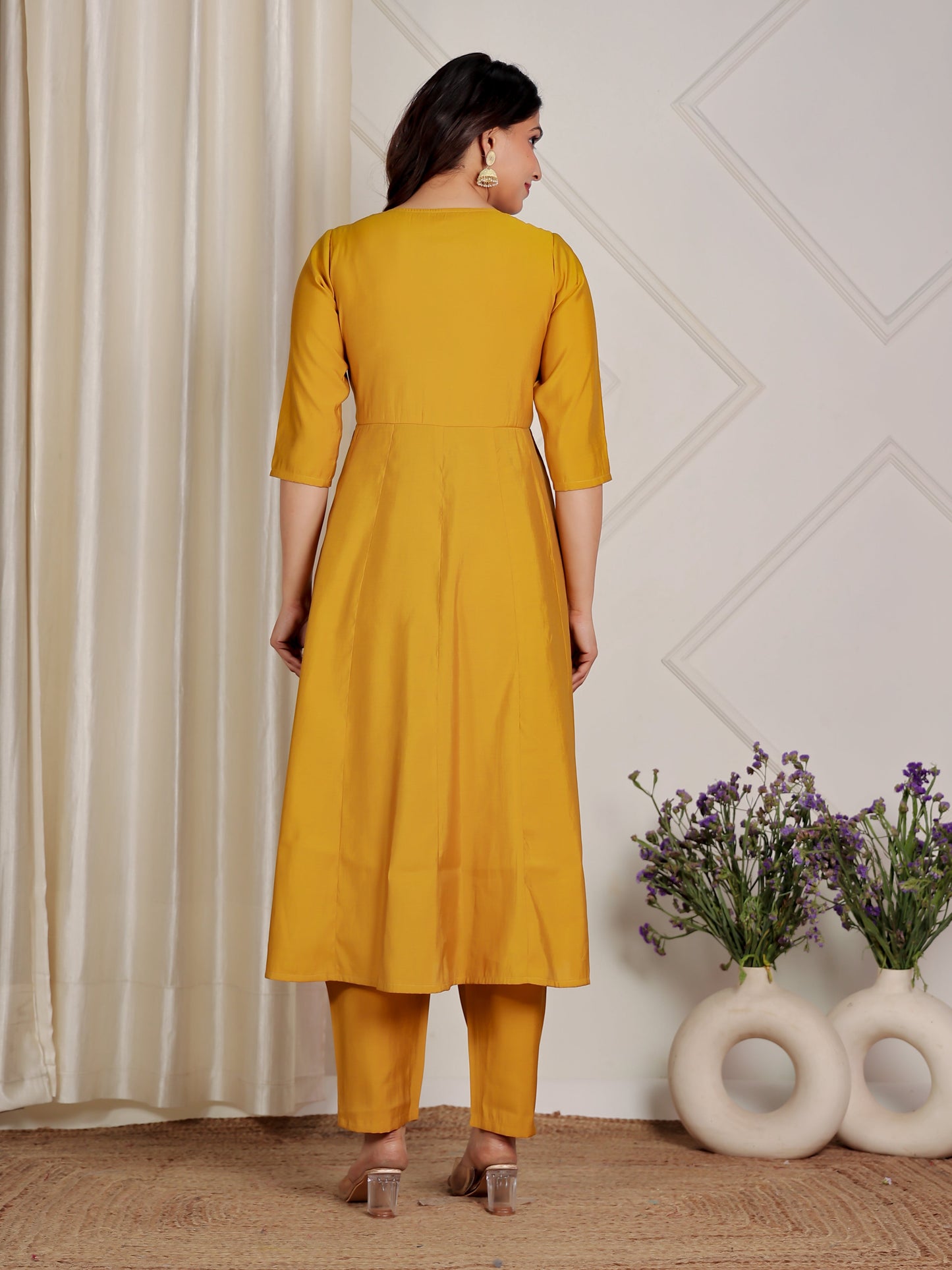 Embroidered Muslin Solid Flared Yellow Kurta