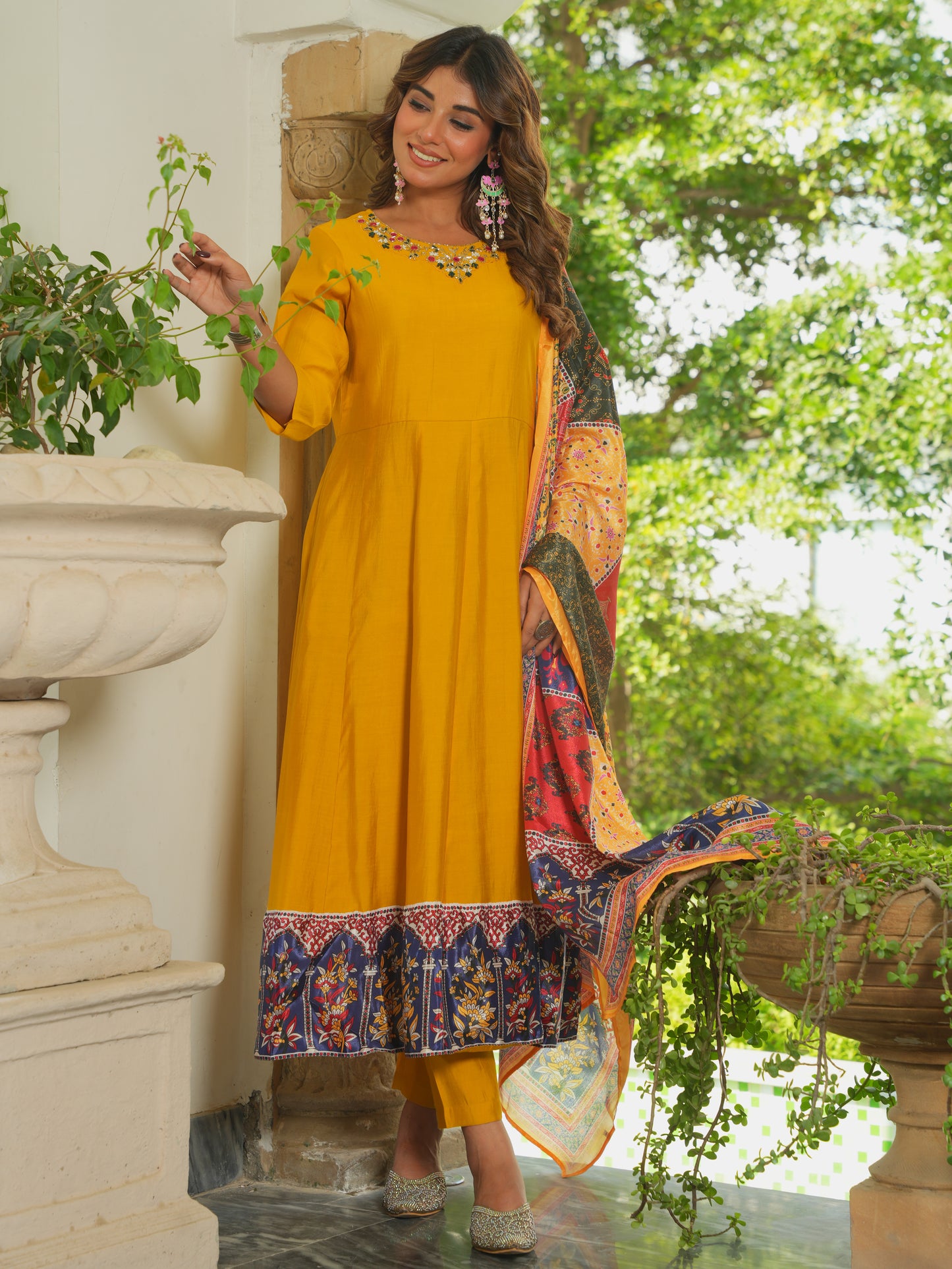 Embroidered Blended Silk Solid Flared Yellow Kurta