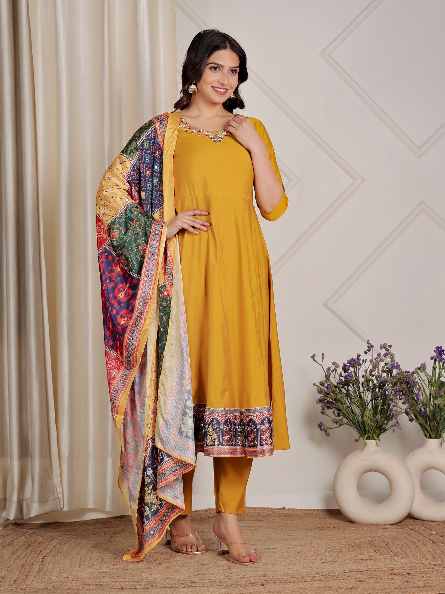 Embroidered Muslin Solid Flared Yellow Kurta