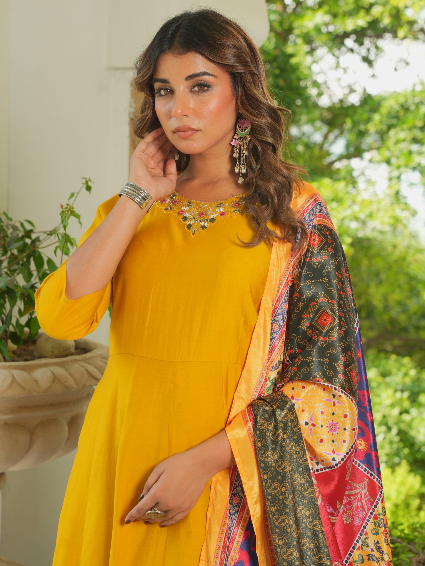Embroidered Blended Silk Solid Flared Yellow Kurta