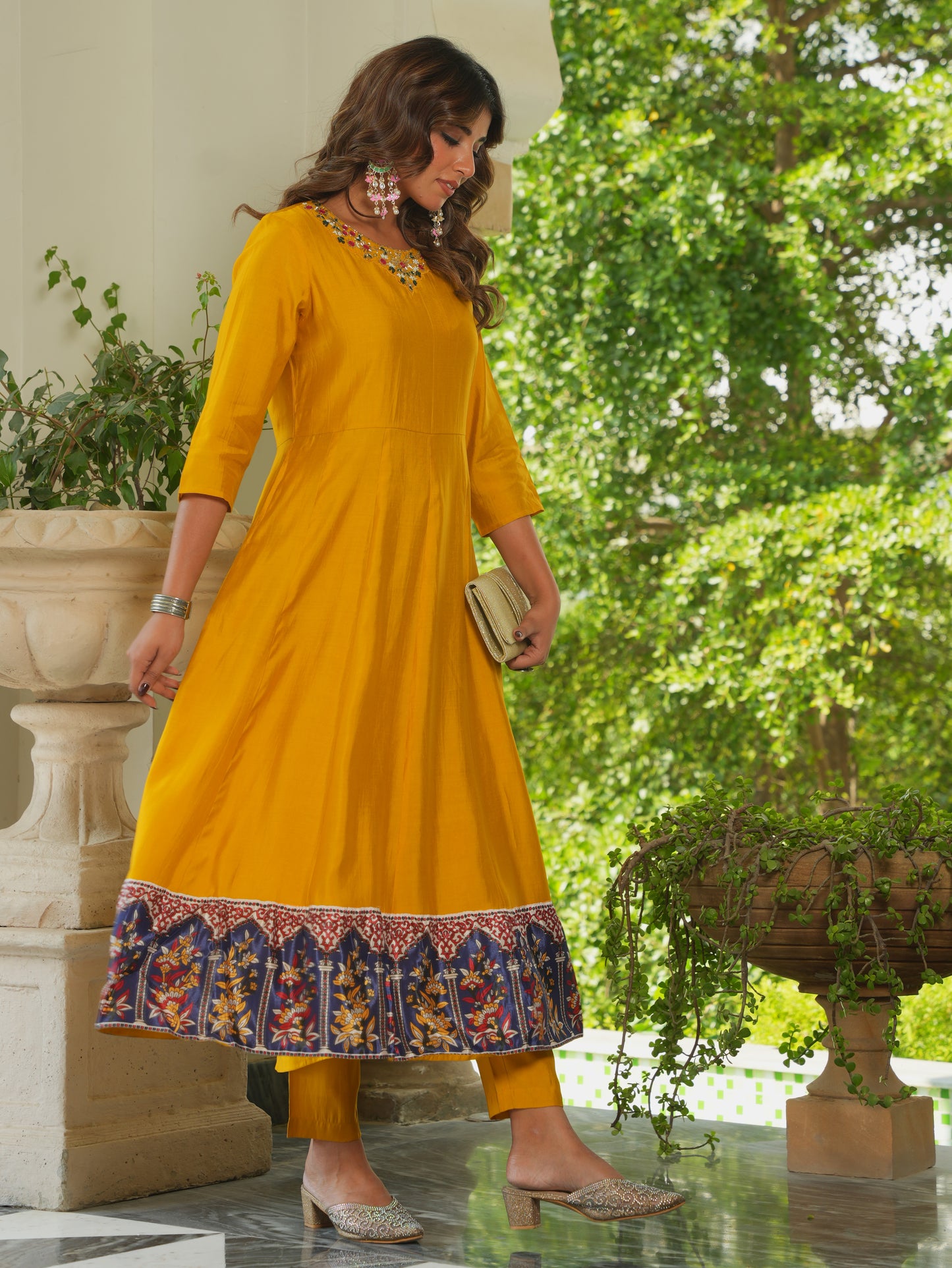 Embroidered Blended Silk Solid Flared Yellow Kurta