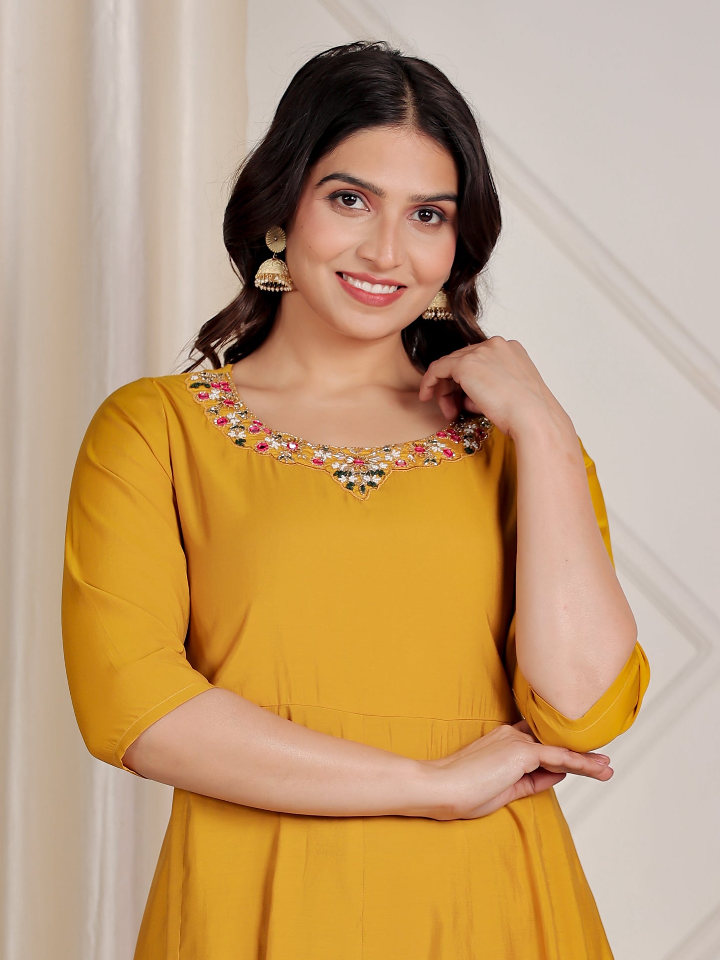 Embroidered Muslin Solid Flared Yellow Kurta