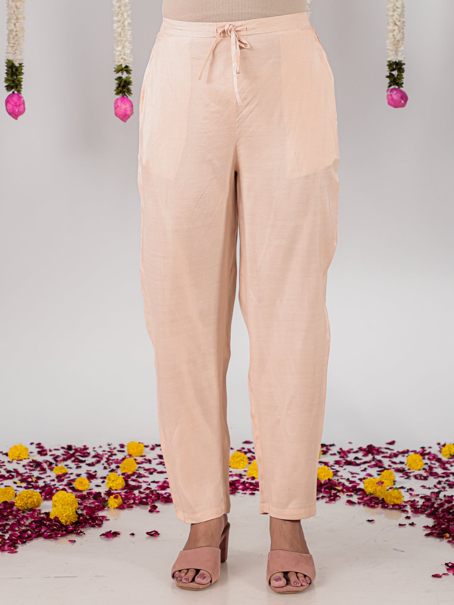 Satin Solid Peach Tapered Trousers