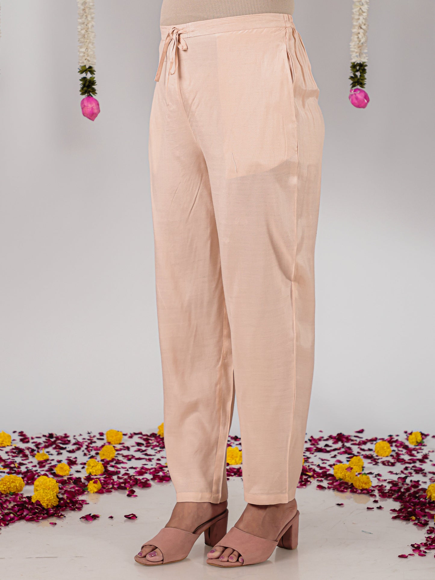Satin Solid Peach Tapered Trousers